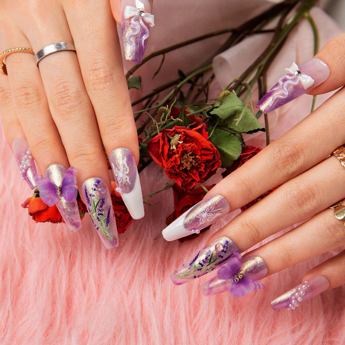LOVFUL Press on Nails Butterfly Spell | Handmade with Full Covered Crystals | Reusable Full Cover Nails | Coffin Classic Regular 1.3 in | H461-M