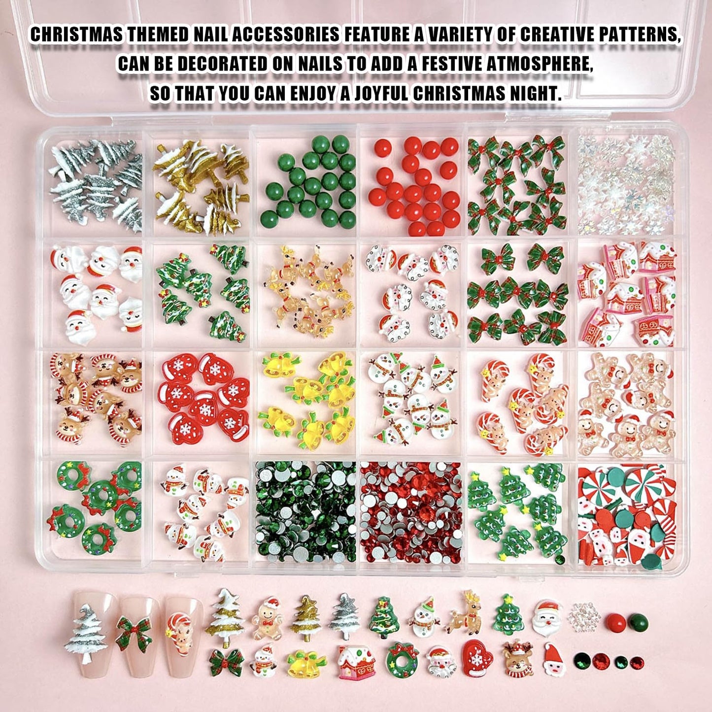 Christmas Nail Charms, 24 Girds Red Green Pearls Rhinestones Nail Art Charms, Santa Xmas Tree Nail Diamonds for Christmas Winter Holiday DIY Manicure Decor Craft Making