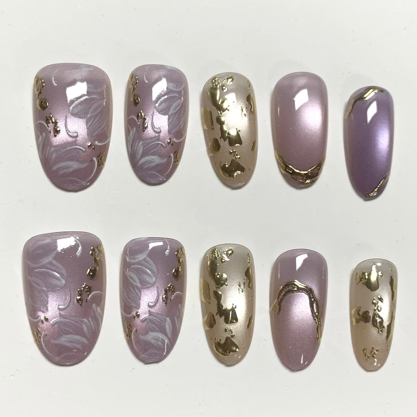 BABALAL Press On Nails, Short Almond Fake Nails, Purple Lavender, Cat Eye With Gold Foil Floral Design, Glossy Full Cover Glue On Nails For Women And Girls 24Pcs