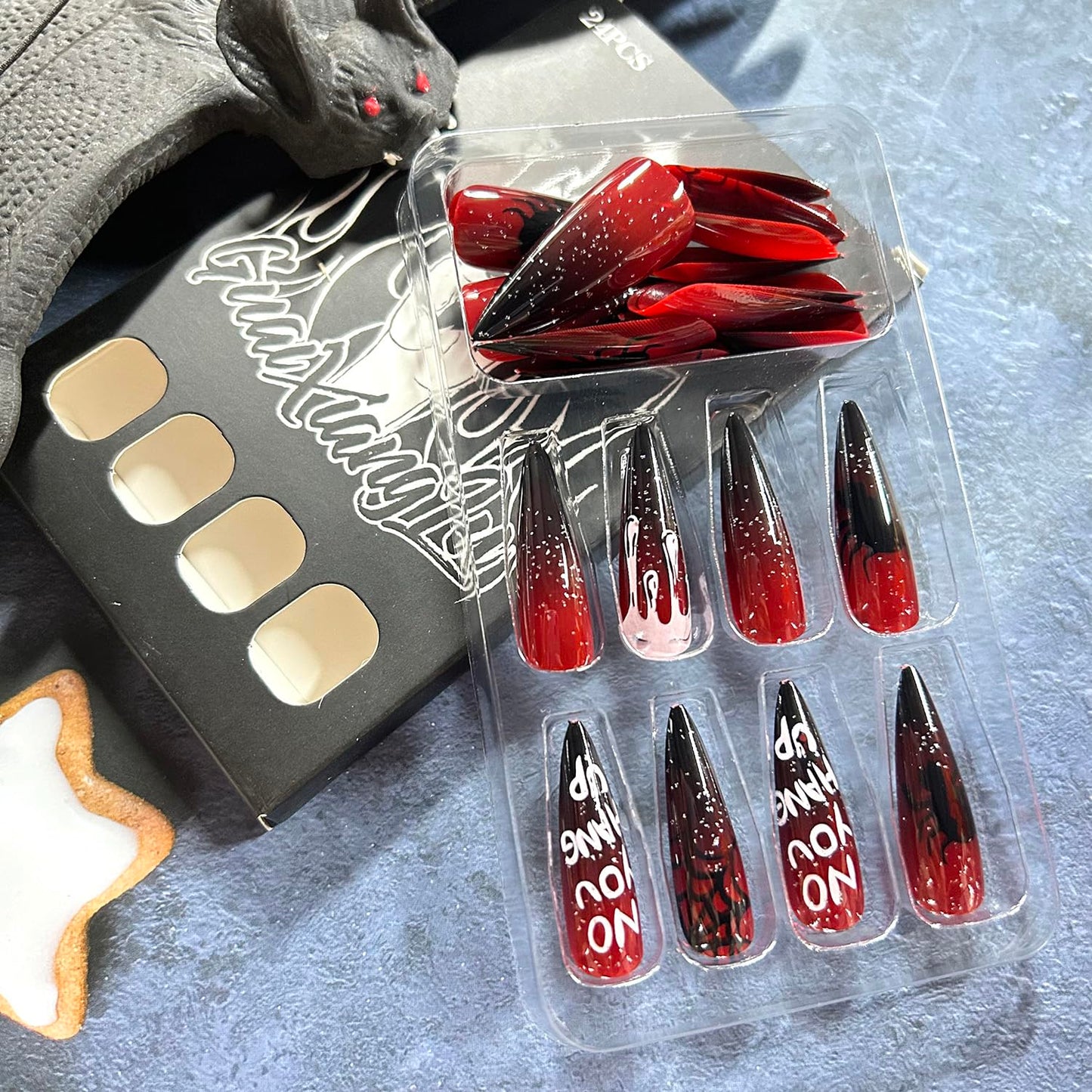 Almond Tip Halloween Press on Nails Long Spider Blood Drop Design Halloween Nail Full Cover Glossy Artificial Acrylic False Nail Wine Red French Tip Long Stick on Nails for Women Festival Decoration