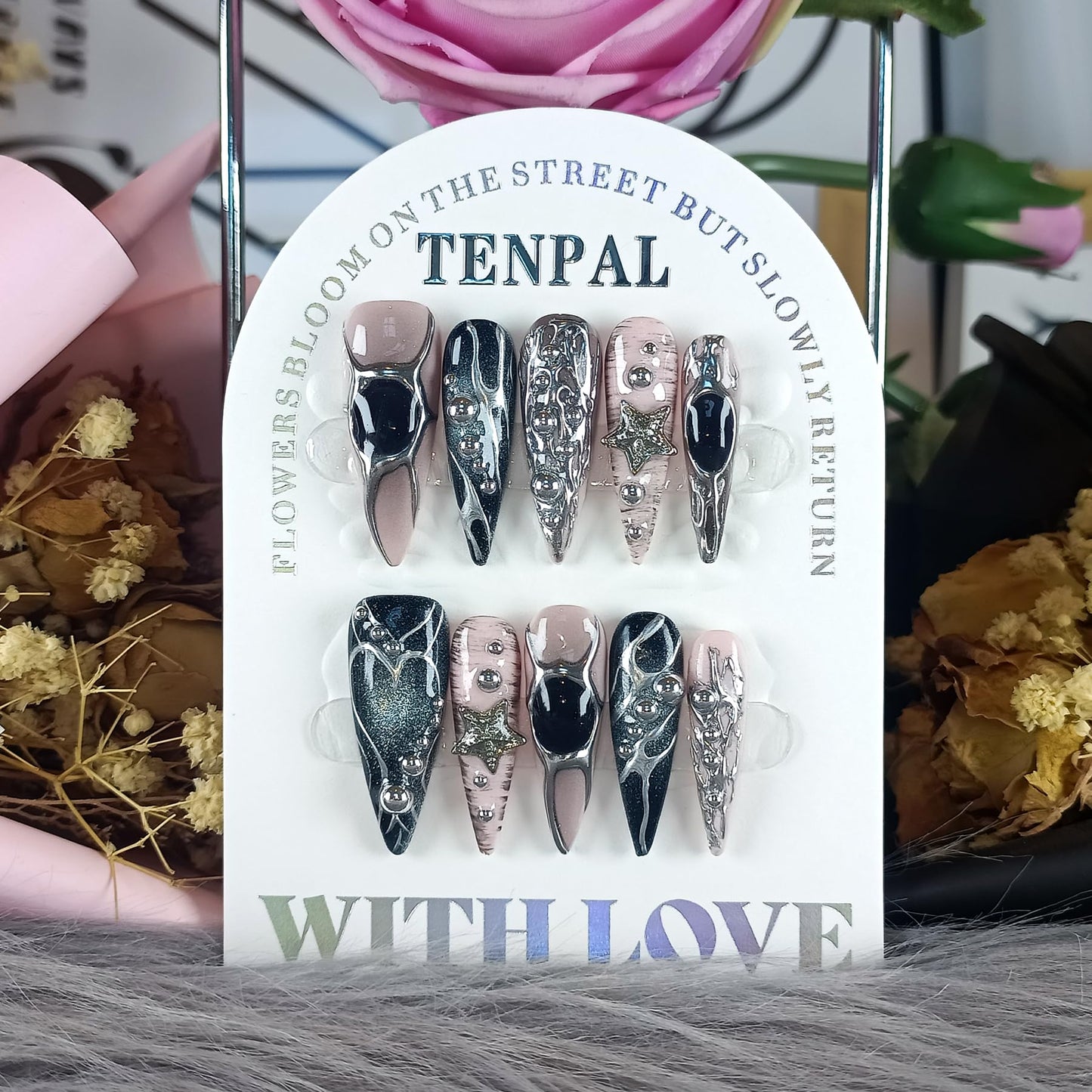 TENPAL Pink Black Press on Nails Long Stiletto,Metal Gothic Fake Nails with Punk Stars Beads,Cat Eye Glitter Edgy Y2K Ins False Nails with Tools,Sweet Grunge Irregular 3D Handmade Nails 10pcs(XS)