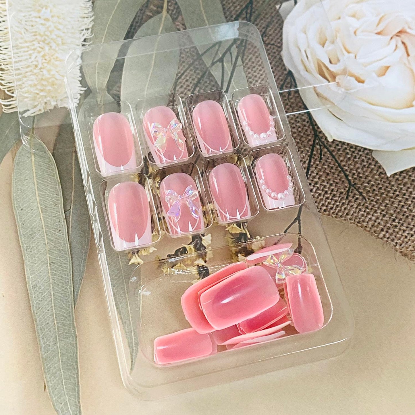 FIEONCIY Press on Nails Square Short Length Glossy Full Cover Acrylic Short Square Shaped False Nails with French Designs Artificial Fake Nails Glue Stick ons Fingernails for Women Girls(W2445)