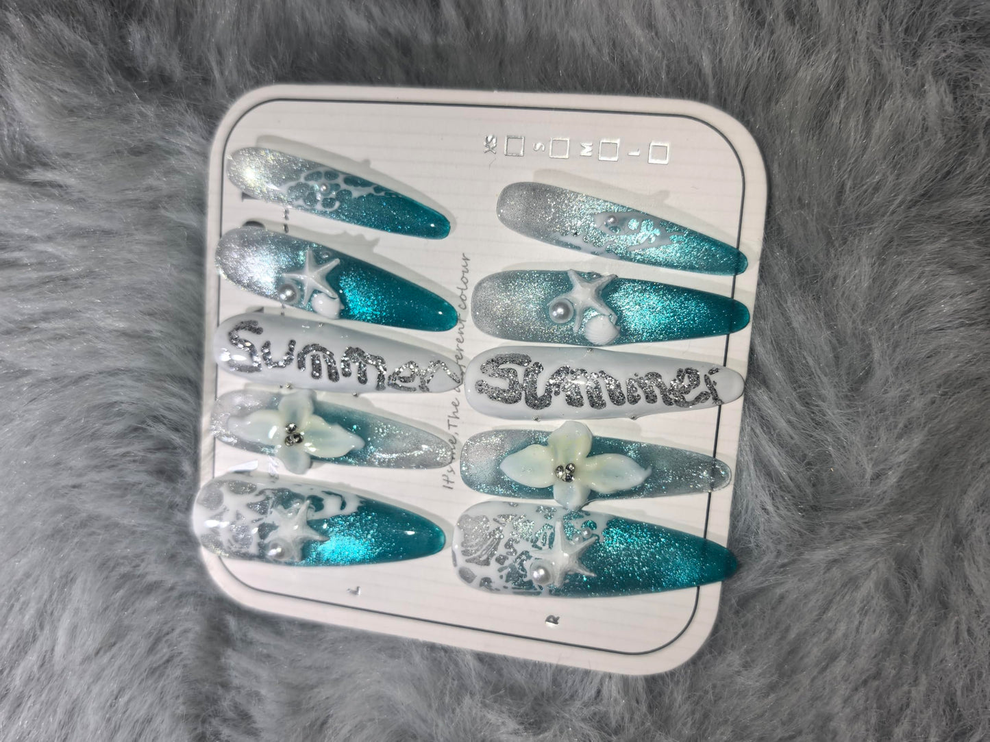 Summer Ocean Themed Press On Nails, Starfish & Floral Embellished Extra Long Stiletto Fake Nails, Reusable Manicure Set (S)