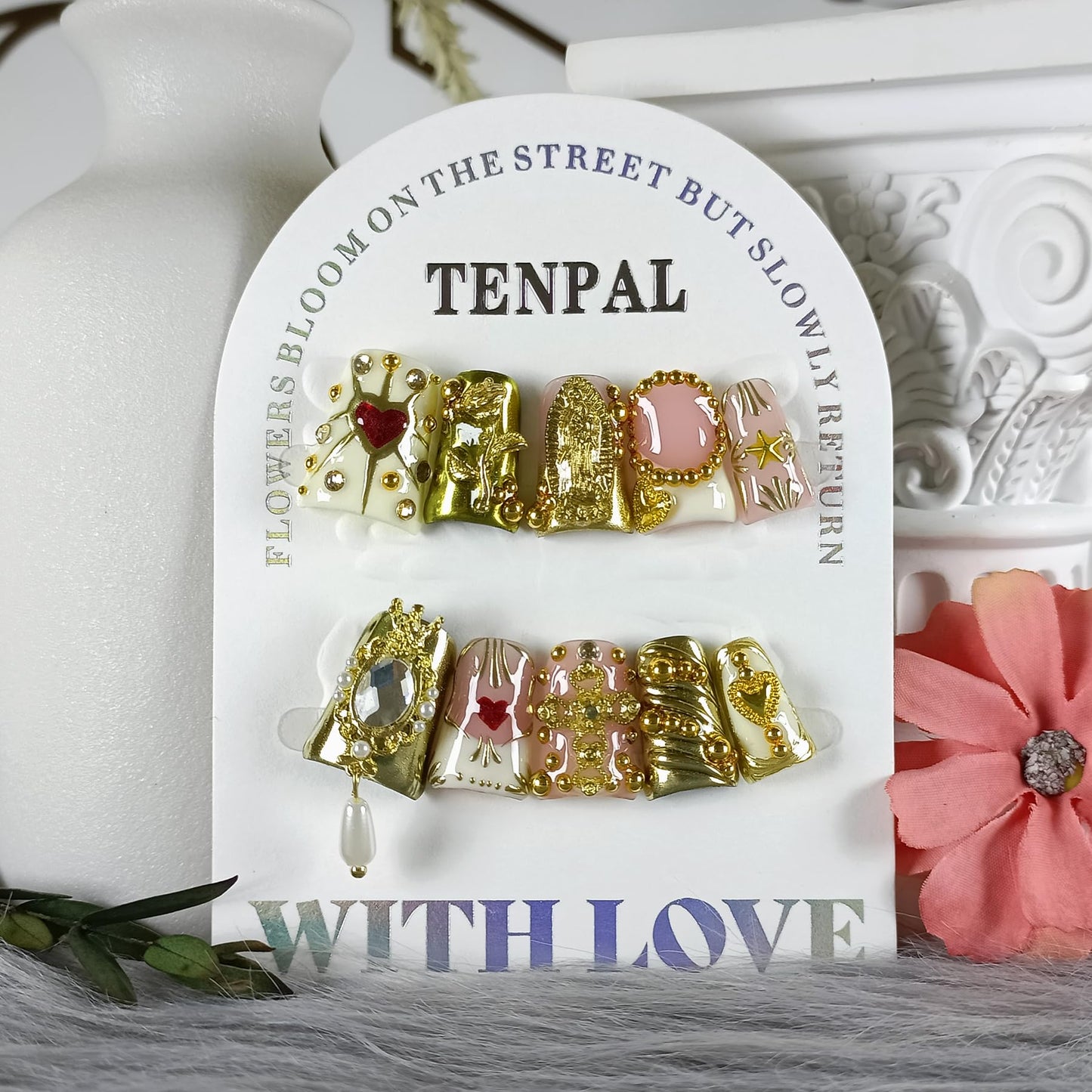 TENPAL 10Pcs Ballerina Press On Nails With Tools,Egyptian Palace Relief Glue on Nails with Gold Cross & Pearls,Handmade 3D Saint Charms Fake Nail Kits, Vintage Epic Acrylic Coffin Duckbill Nails(L)