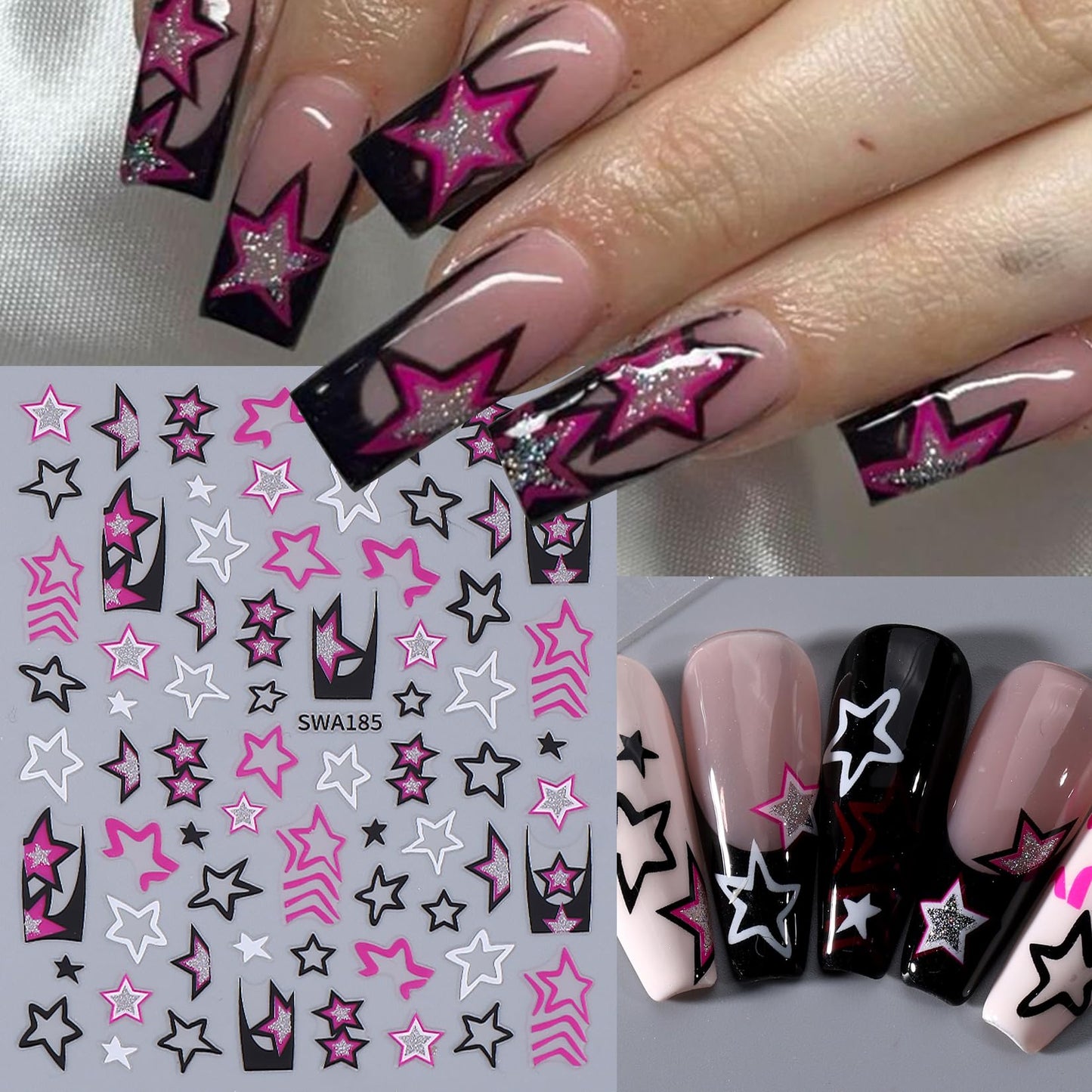 Hollow Star Nail Stickers Decals 12 Sheets Y2K Styles Star Nail Art Stickers Shiny Gold Silver Hot-Pink Black White Stars Nail Designs 3D Self Adhesive DIY Glitters Accessories Manicure Decoration