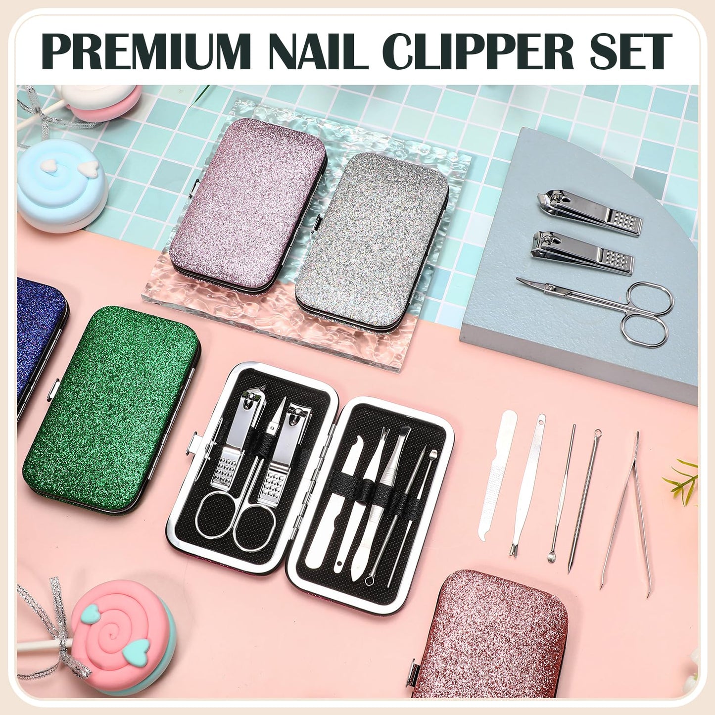 Leriton 30 Sets Bulk Gifts for Women Manicure Set Bulk Professional Nail Care Kit Nail Clippers Kit 8 in 1 Stainless Steel Pedicure Set with Travel Case for Women Men(Fine Glitter)
