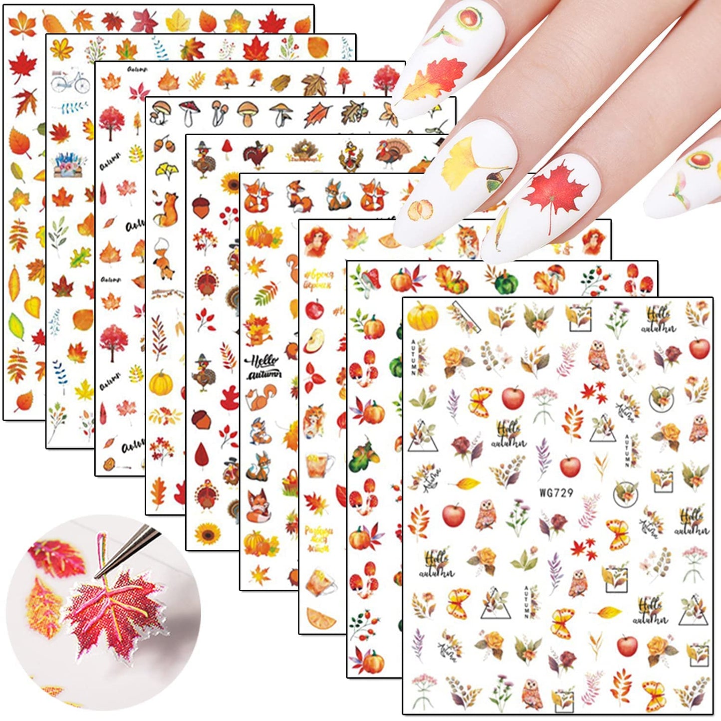 8 Sheets Animal Nail Art Stickers with 9 Sheets Thanksgiving Nail Art Stickers