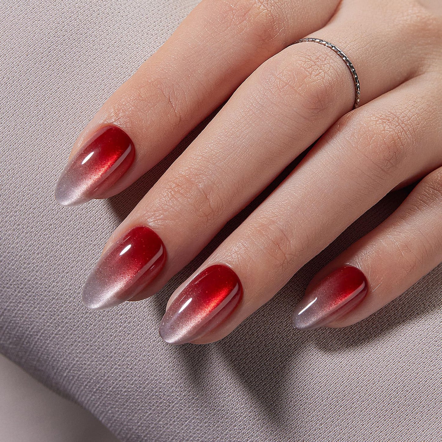 Press On Nails - Short Almond Cat Eye Nails Set, Blue Chrome Cat Eye - silver Red Ombre, UV Cured Nails & Mini Pack