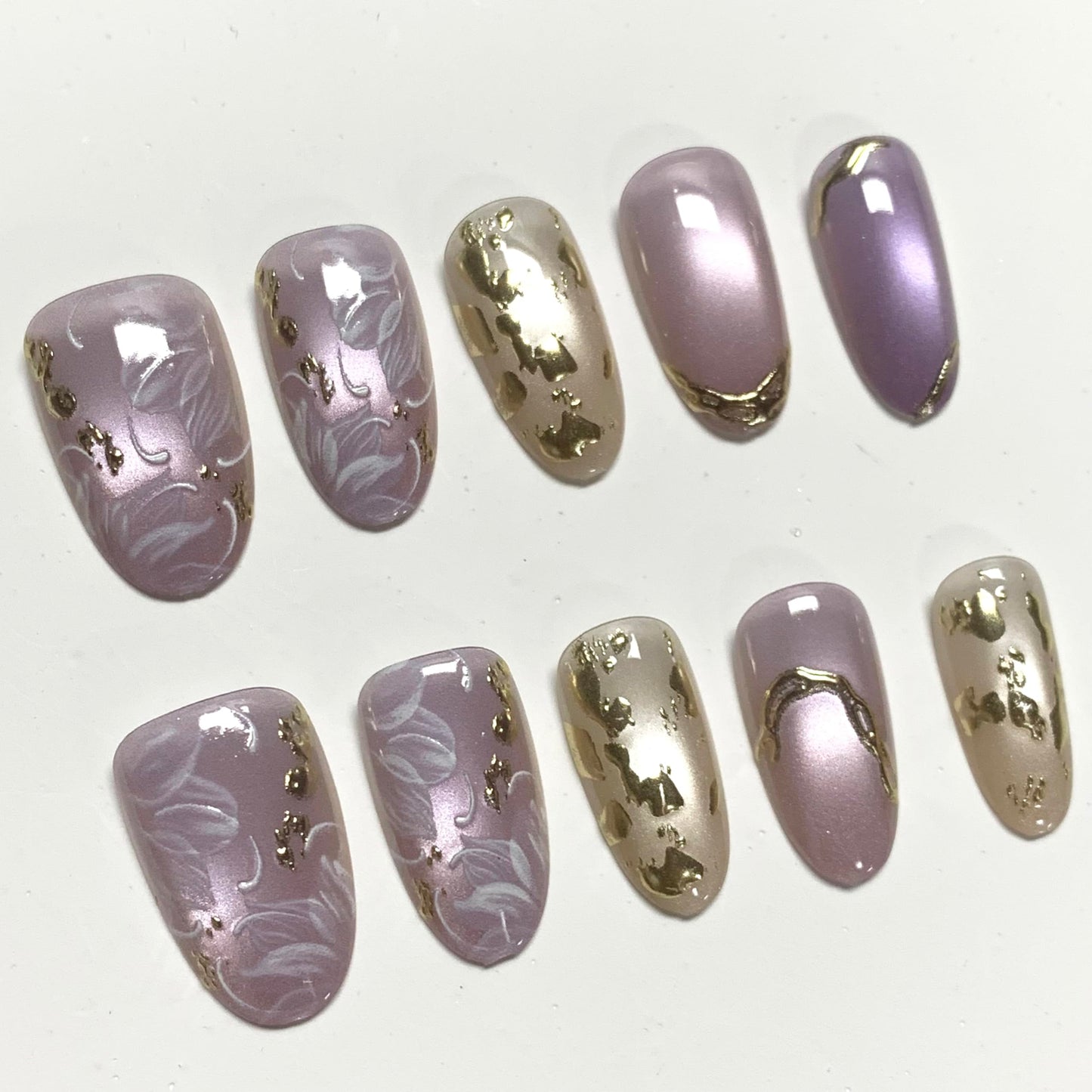 BABALAL Press On Nails, Short Almond Fake Nails, Purple Lavender, Cat Eye With Gold Foil Floral Design, Glossy Full Cover Glue On Nails For Women And Girls 24Pcs