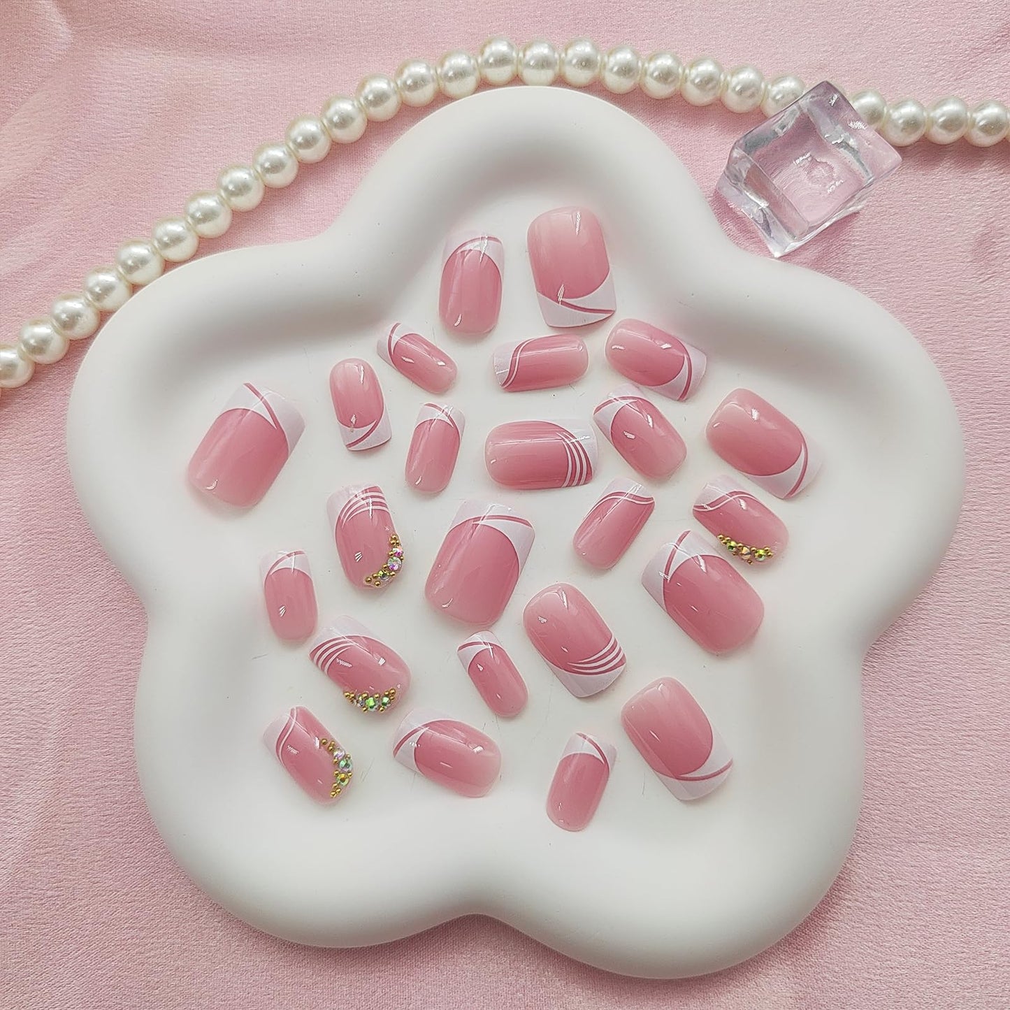 Square Press on Nails Short Fake Nails with Rhinestones Designs White French Tip Nails Press ons Glossy Glue on Nails Pink Full Cover Stick on Nails for Women 24Pcs