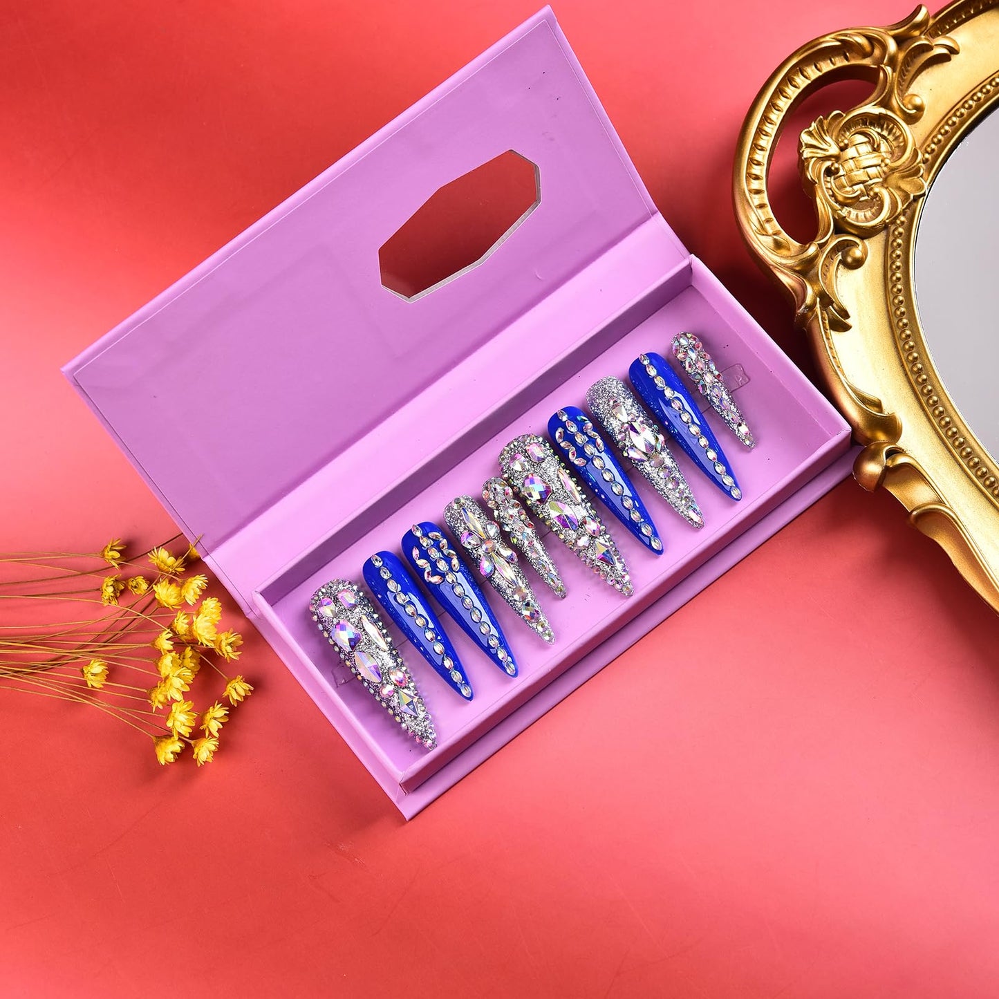 Tmani 10pc/set Extra Long Handmade Press On Nail Hot Girl's Long Ballet Nails Pointed Nail Full of Diamond Glitter Decoration Fake Nails Suitable For Girls Festival Parties and Birthday Gift (232,M)