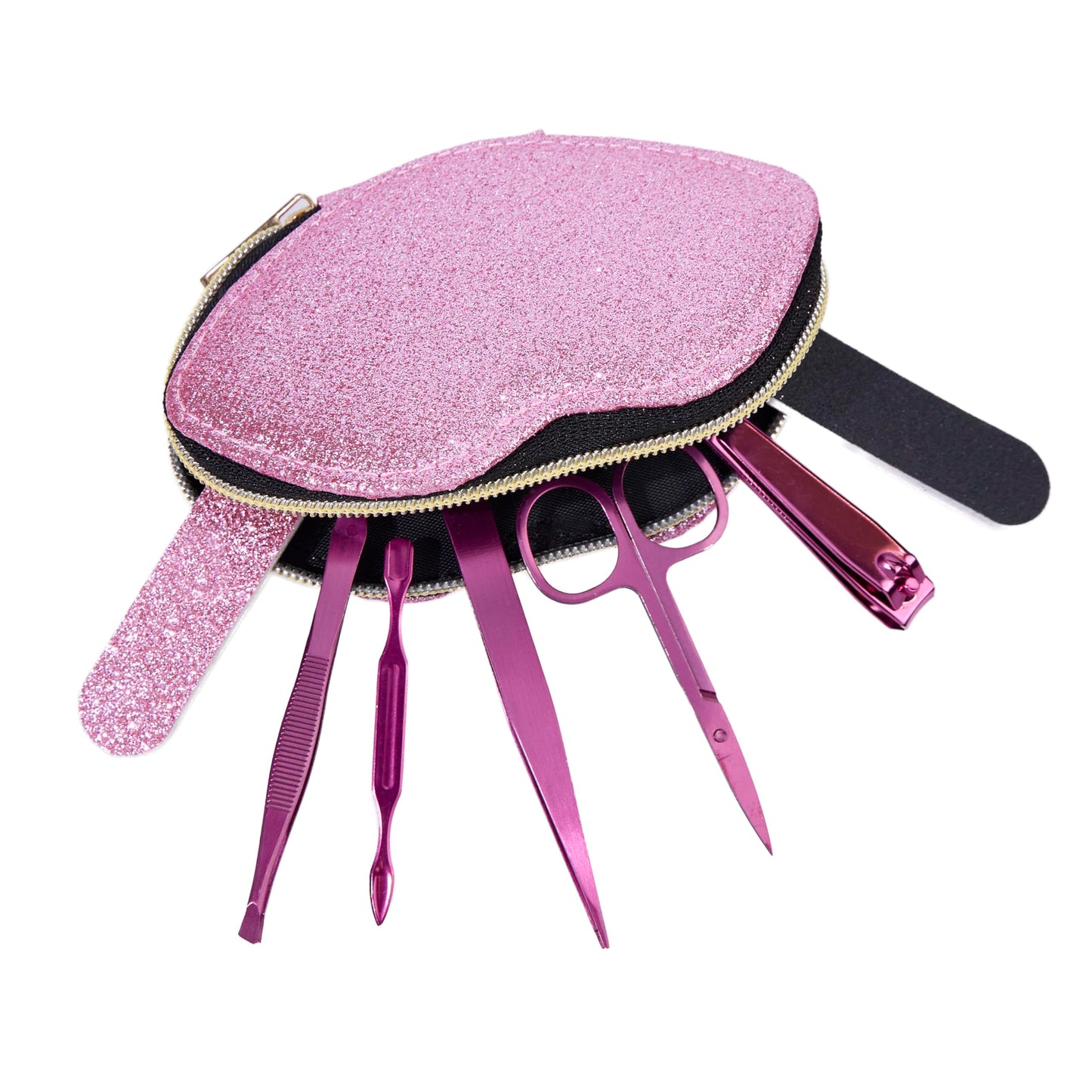 8pc On-The-Go Grooming Kit – Premium Manicure & Pedicure Set for Nails, Brows & Beyond – Complete Travel Grooming Tools with Pink Glitter Lip Case