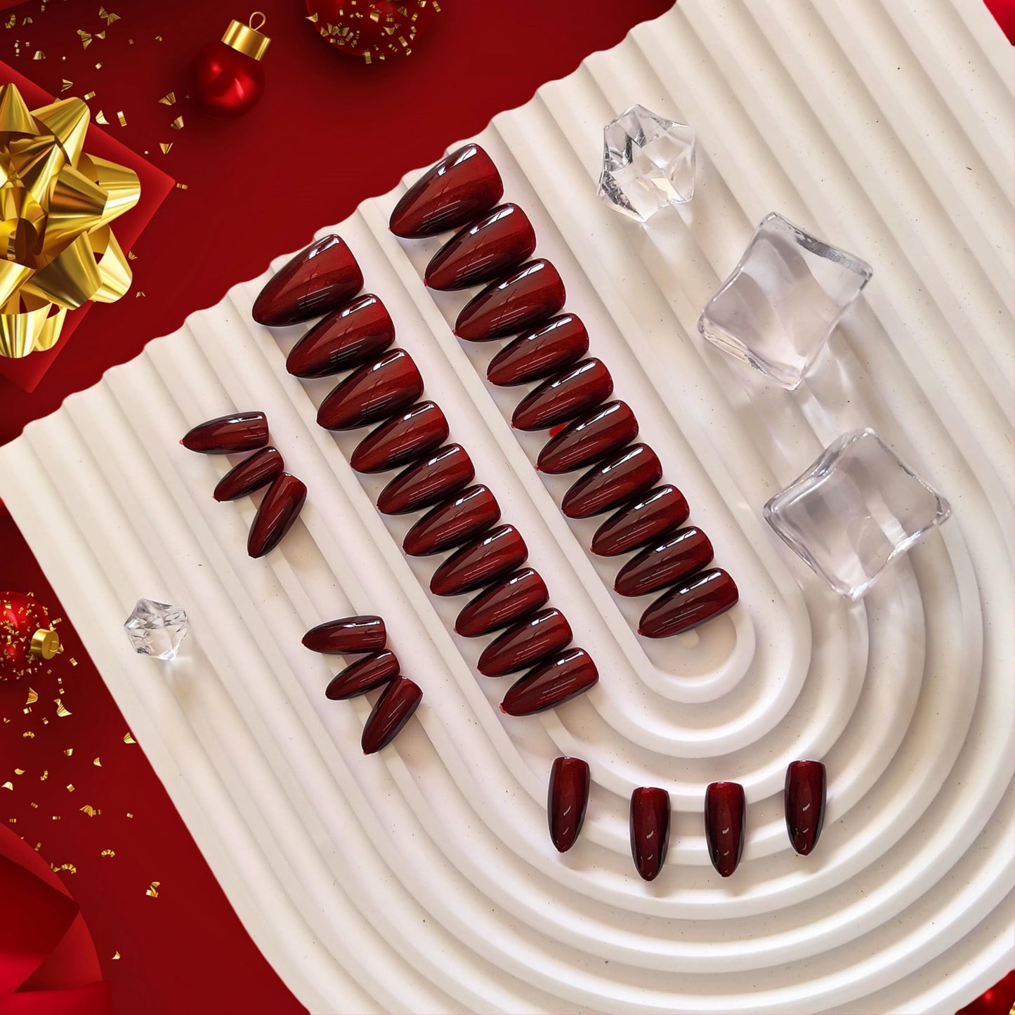 KQueenest Cat Eye Burgundy Press on Nails Medium Almond & Press on Nails Extra Long Coffin, Petite Nails for Small Hand For Women Girls Daily Party Decoration in 60 Pcs