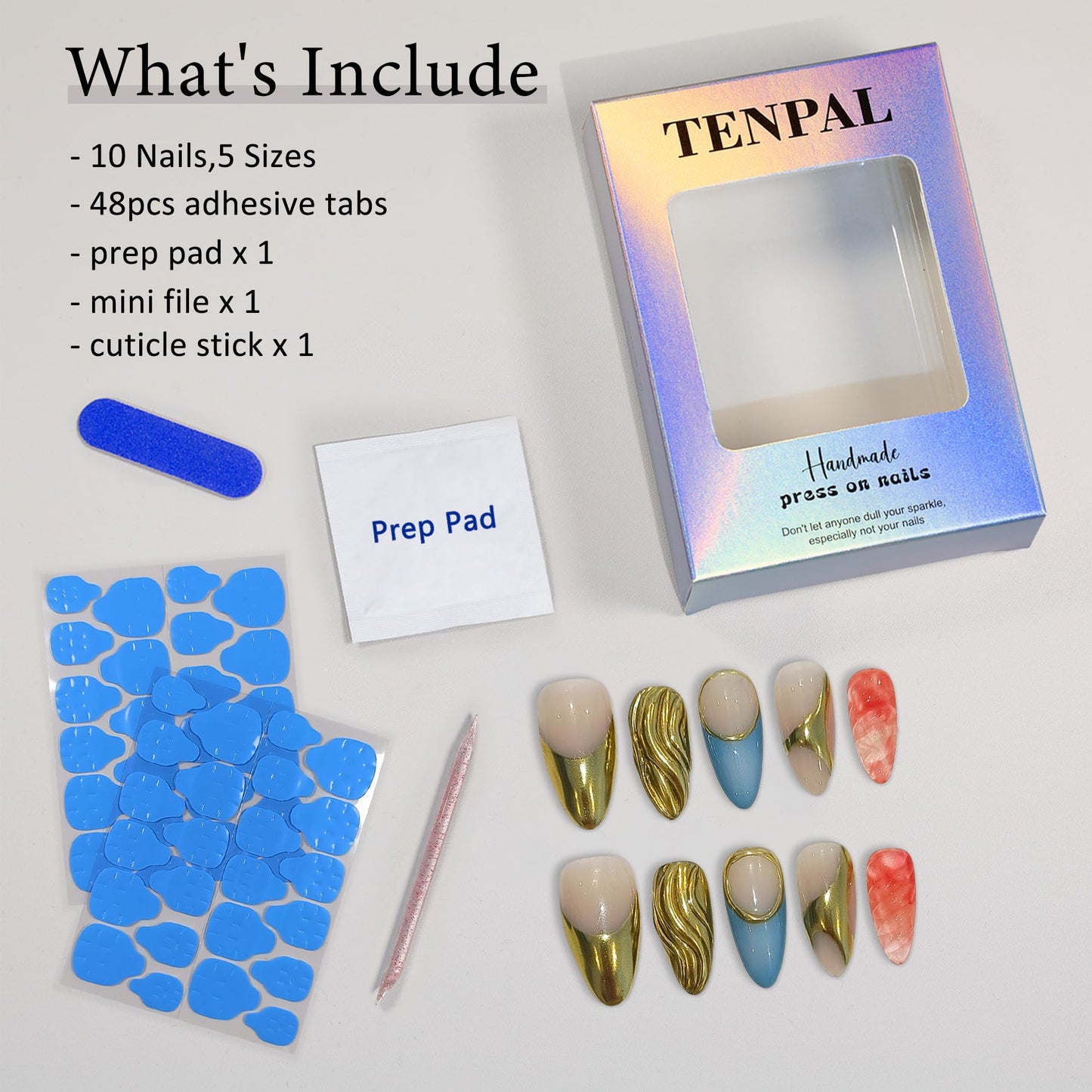 TENPAL Metallic Press on Nails Almond, Golden French Tips Nails, Soft Gel Fake Nails With Tools, Handmade Acrylic Nails With Sweet Cool Y2k 3D Waves Designs,10pcs/Box Nail Kits For Women(M)