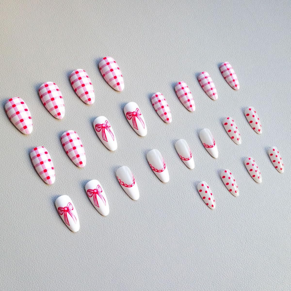 Pink Press on Nails - Medium Almond Fake Nails with Bow | Polka Dot | Checkered Designs False Nails White French Tip Glue on Nails Reusable Full Cover Stick on Nails for Women Manicure 24Pcs