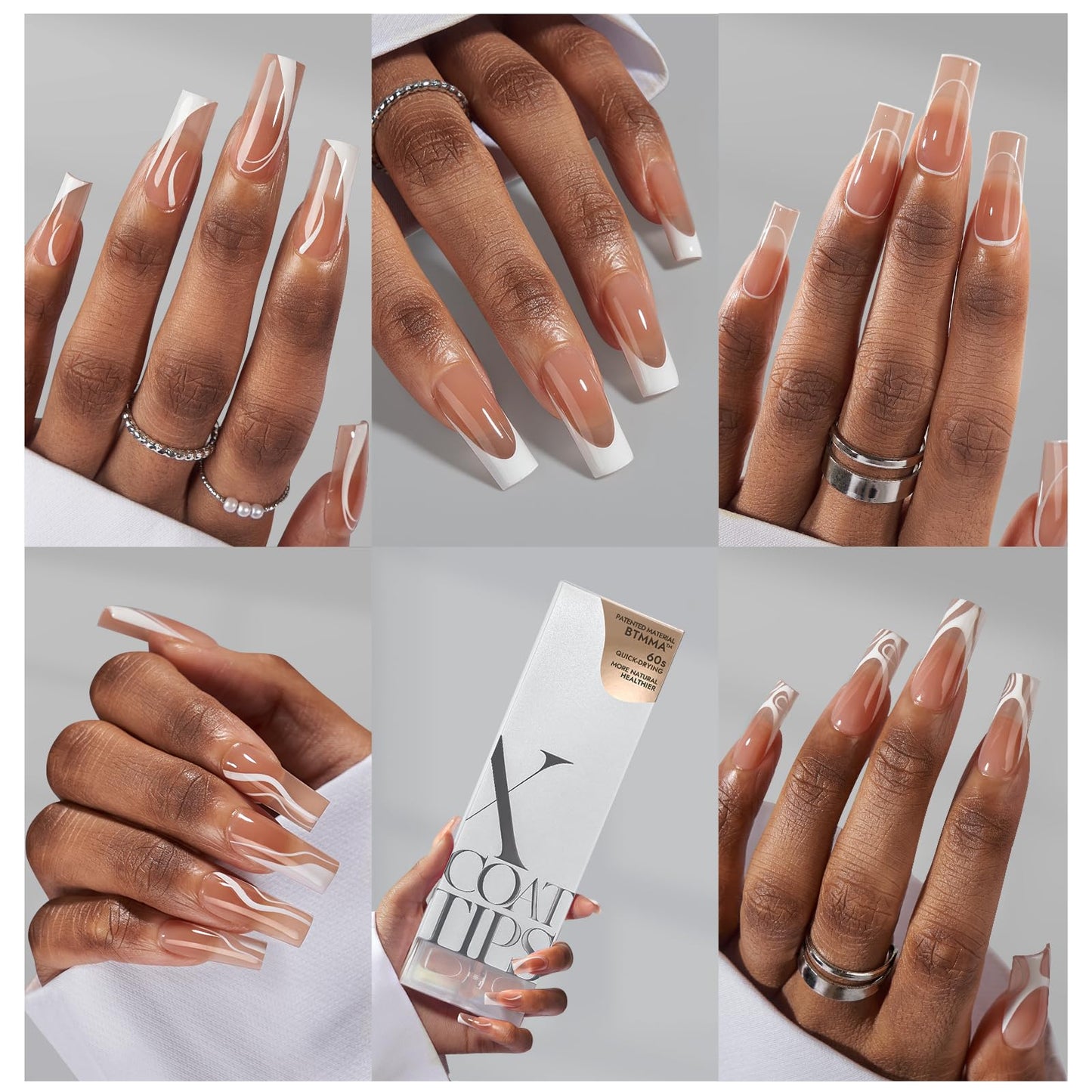 BTArtbox XCOATTIPS Gel Nails with 20g Solid Nail Gel Glue-5 Styles Pre-Designed Swirl Long Square Fake Nails, Ultra Fit French Tips Nail Tips with Pre-applied Tip Primer & Base Coat Cover