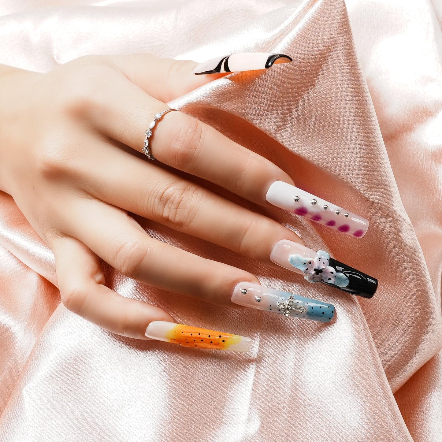 Tesytto Long Square Press on Nails - Luxury Handmade French Tips Press on Nail with 3D Flowers & Rhinestones Cross Design，Multi-Layer Gel False Nails for Women (Ice Crystal Water Lily,S)