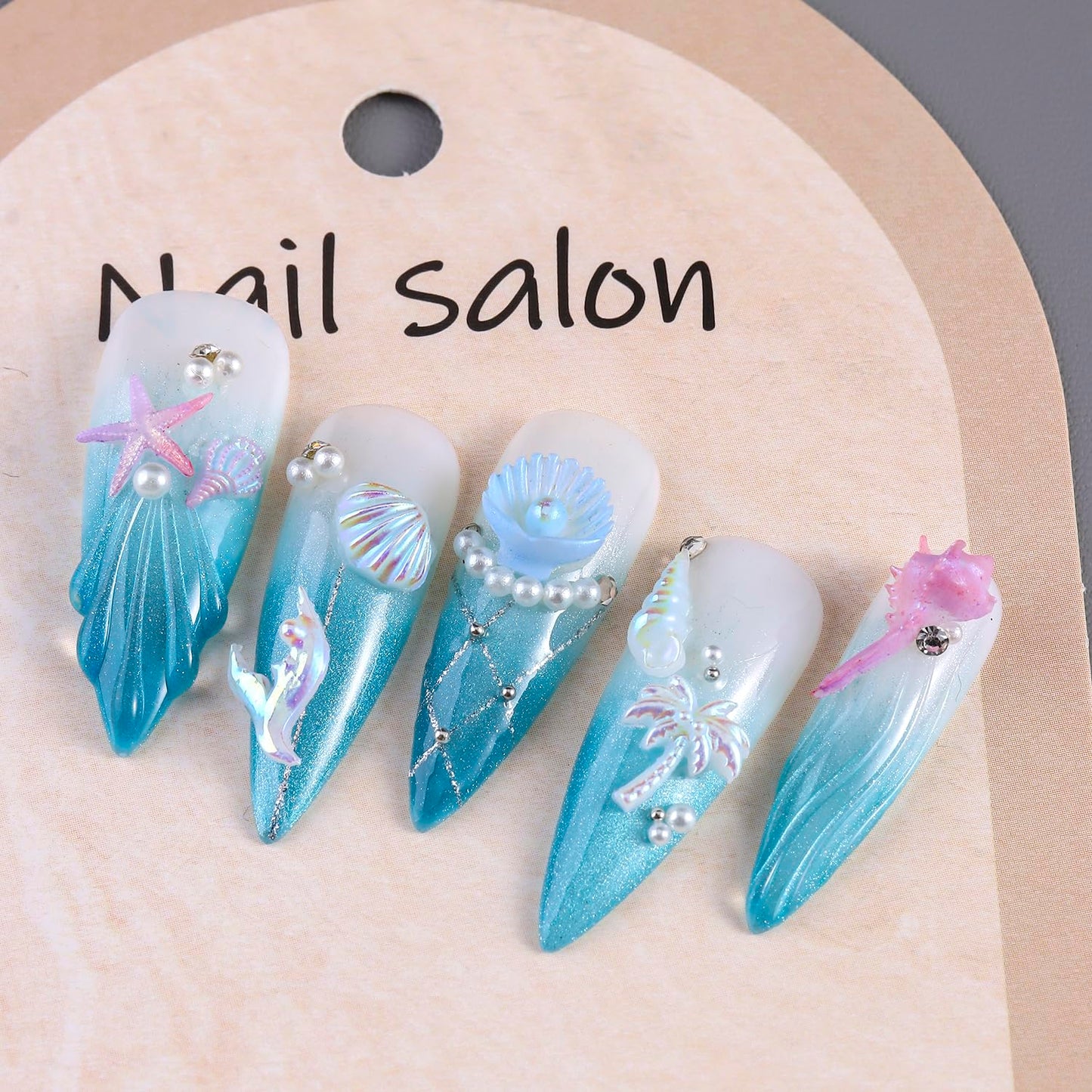 3D Summer Beach Resin Nail Charms, Aurora Shell Starfish Conch Fishtail Nail Decorations with Flatback Pearls and Rhinestones Gems for Nail Art DIY Crafts Manicure Jewel Accessories