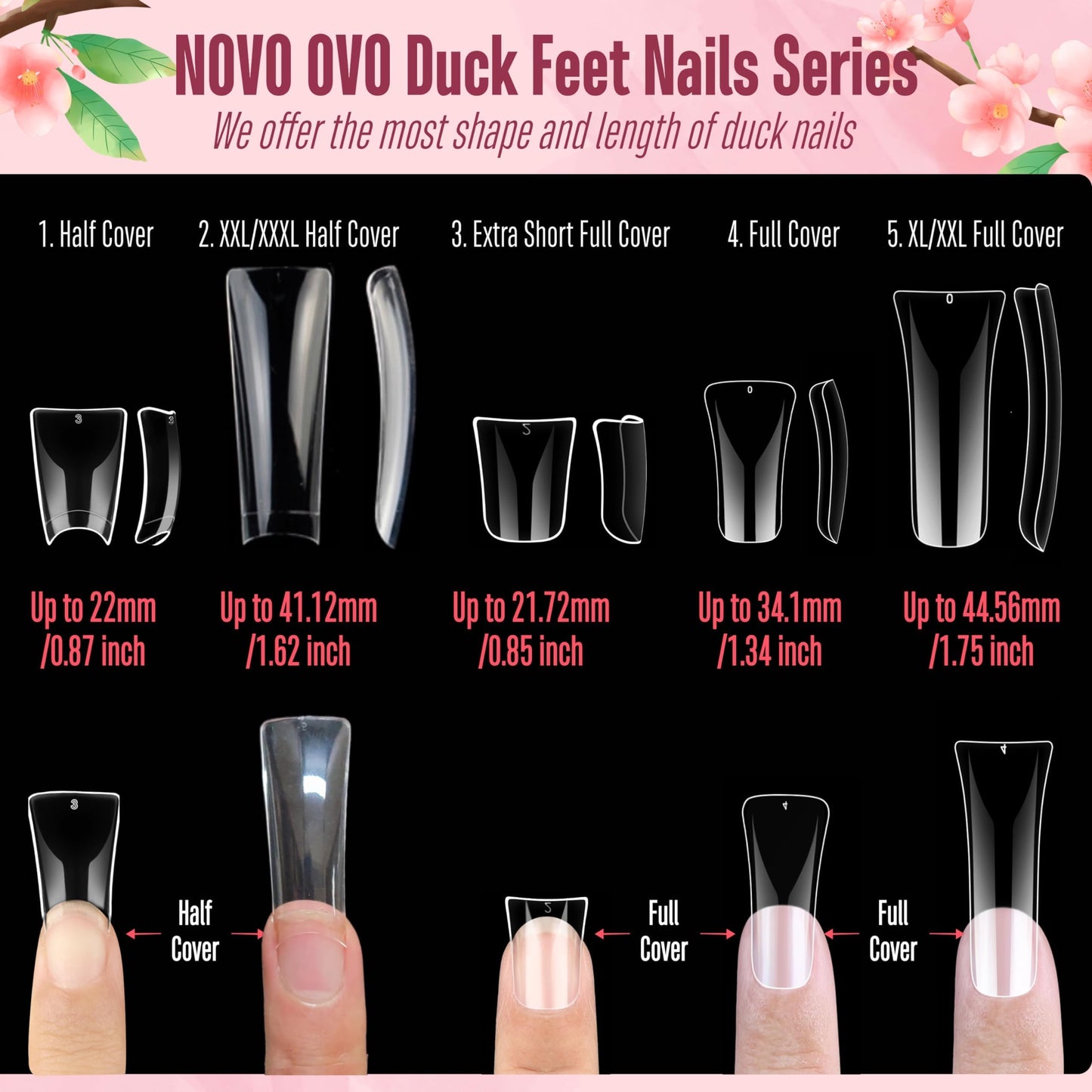 NOVO OVO Duck Feet Nail Tips for Small and Medium Hand, Extra Short Full Cover Press On Acrylic, Clear Full Coverage Thick Flare French Soft Gel Fake False Nail Extension x 12 Sizes 120 pcs