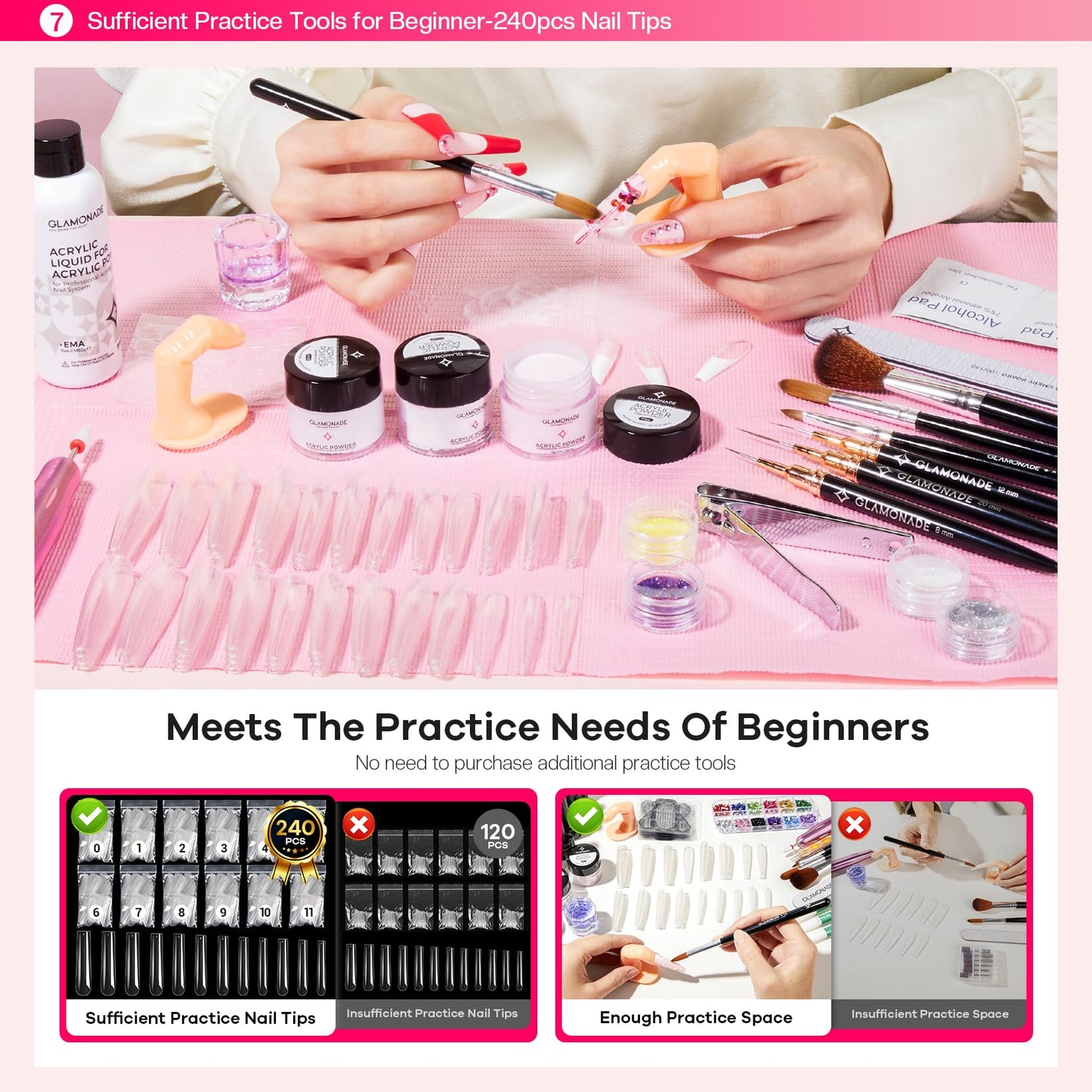 Glamonade Acrylic Nail Kit for Beginners: Professional Nail Set with Drill Acrylic Powder Gel Polish Nail Stamp for Home Starter Practice & DIY Manicure