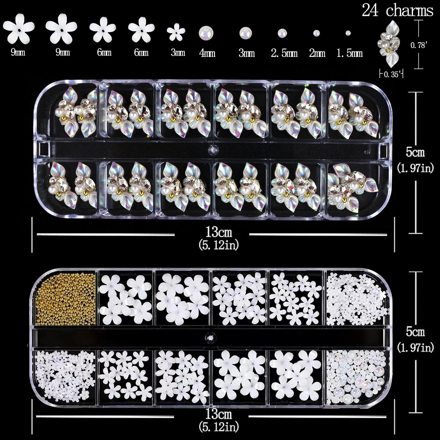 SEMATA 3D Flower Nail Art Charms Mixed Size White Nails Gems Flatback Nail Pearls White Flower Nails Art Accessories Decoration Design for Women