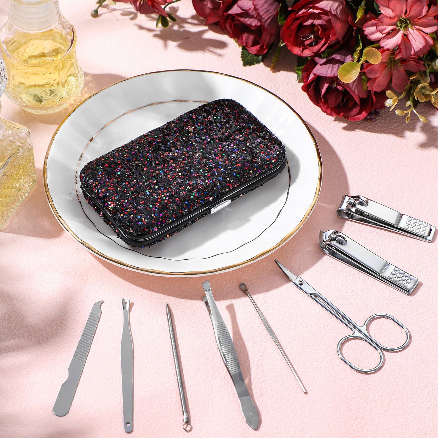 Geosar 12 Set 8 in 1 Manicure Gifts for Fathers Day Bulk Stainless Steel Nail Clippers Kit Pedicure Care Tools with Leather Case Travel Grooming Kit Gift for Women Men Hands Foot(Glitter Silver)