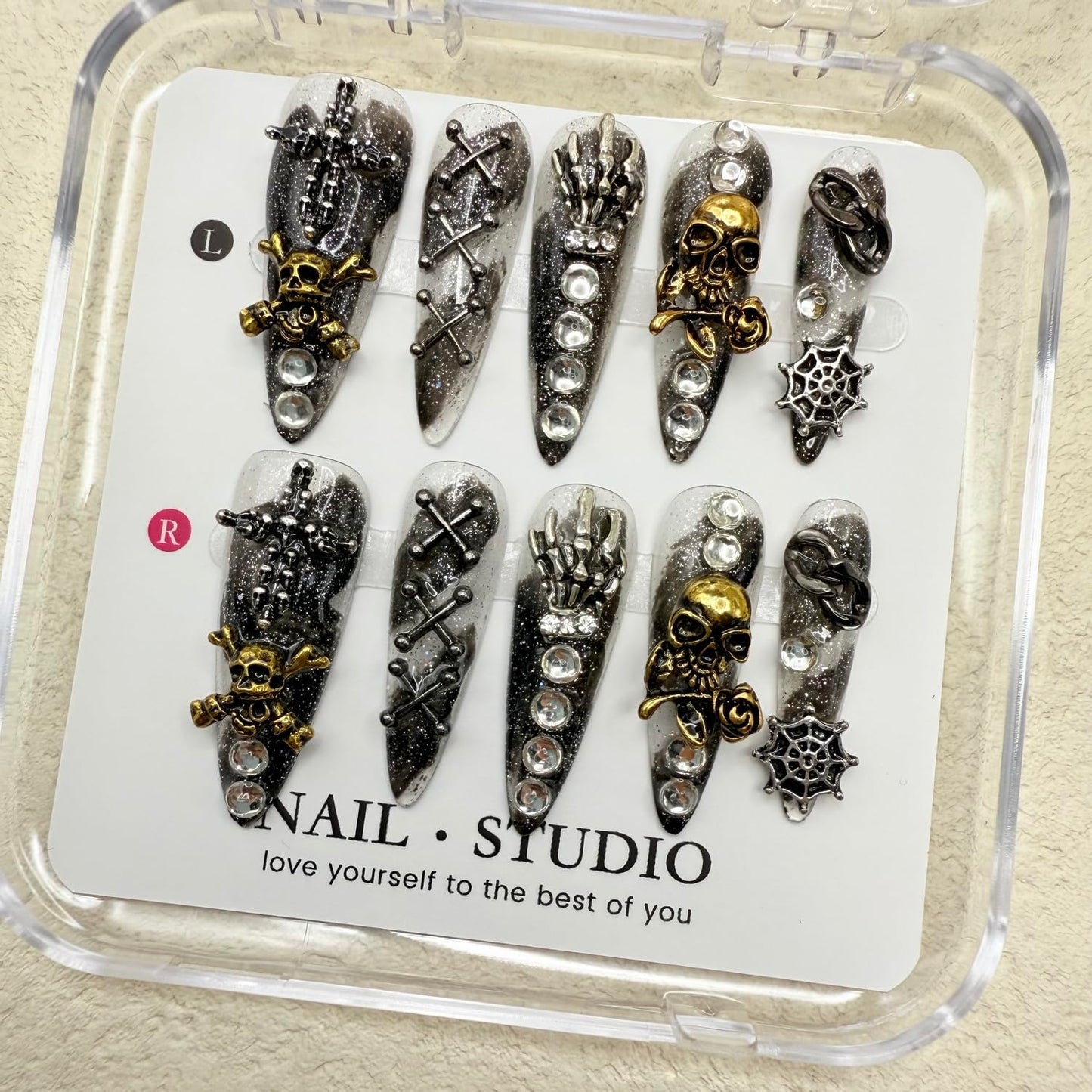 Halloween Press on Nails Handmade Press on Nails Long Almond Fake Nail Skeleton False Nail with Spider Web and Rhinestones Designs Full Cover Glue on Nails Glossy Halloween for Women (Size M)