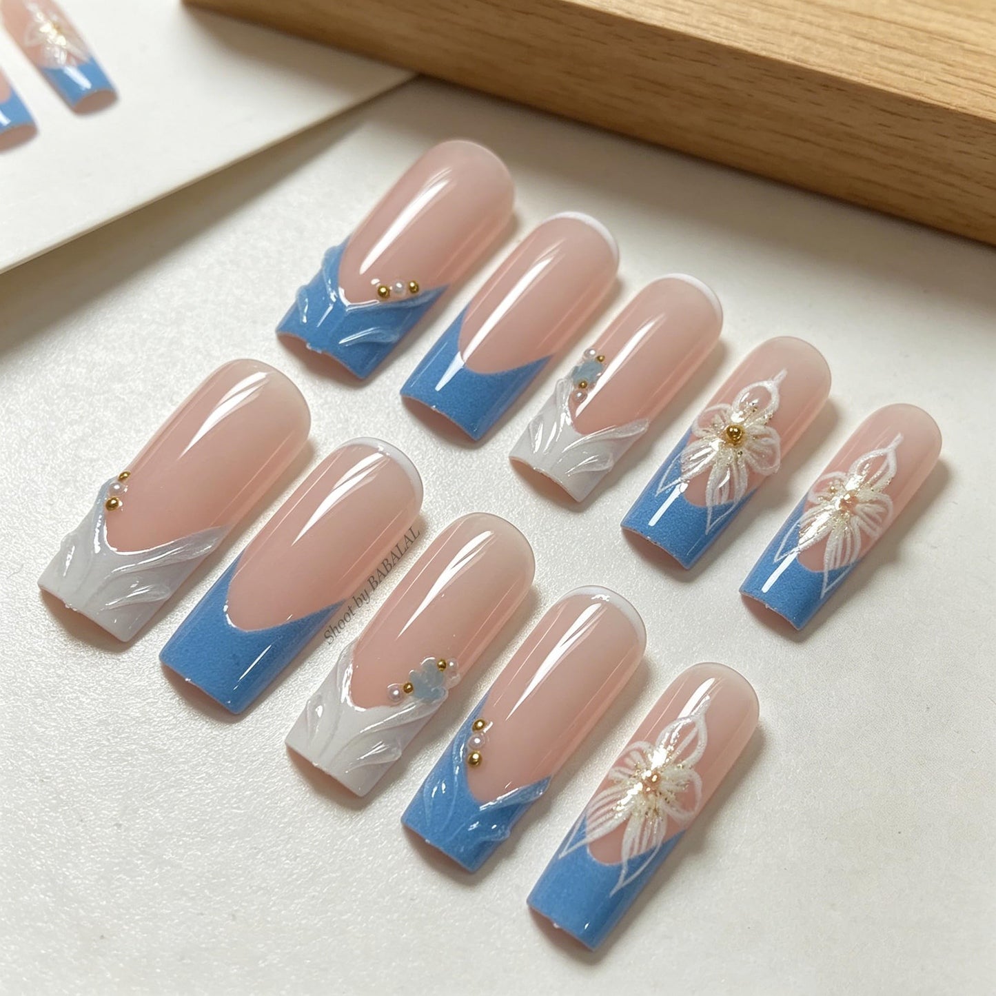 BABALAL Press On Nails, Extra Long Square Fake Nails, Baby Blue with 3D Flower & Gold Pearl Design, Glossy Mermaid Luxury Reusable Glue On Nails for Women and Girls 24Pcs