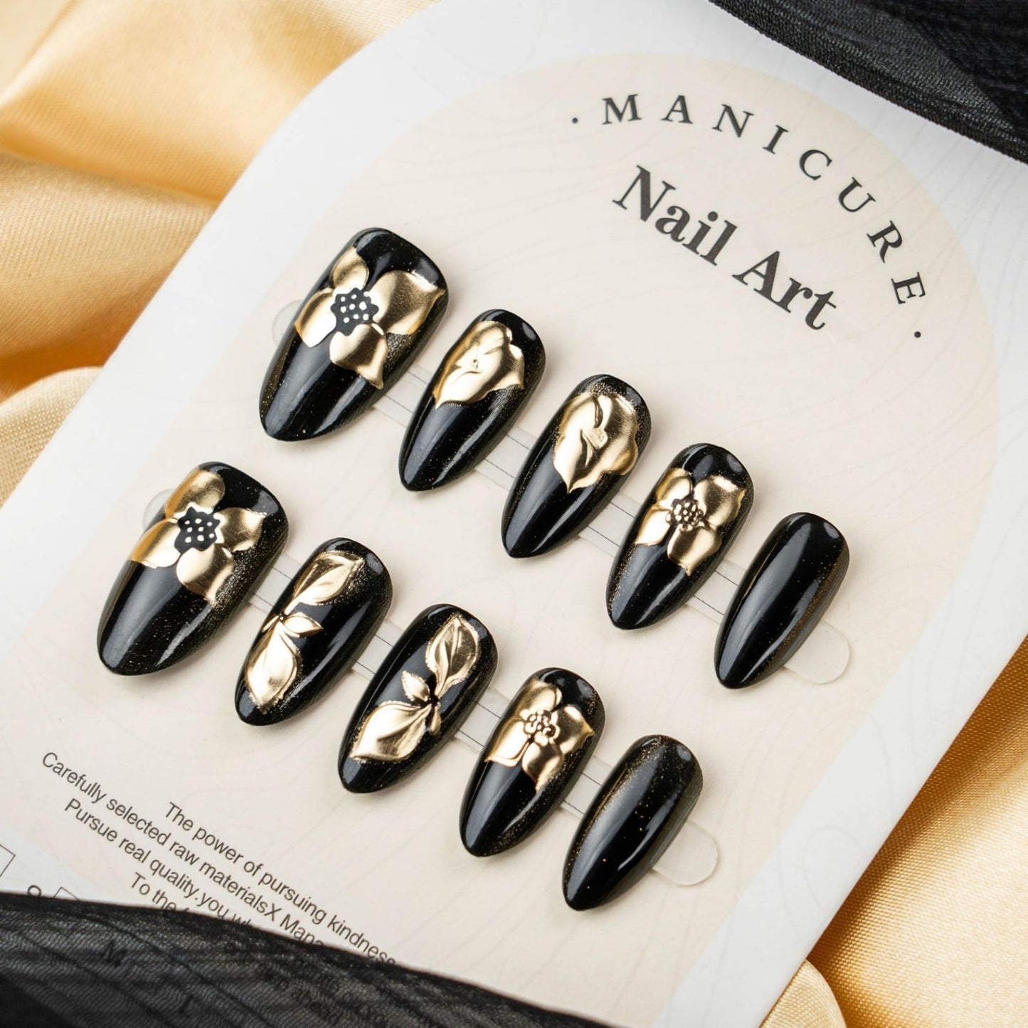 octoswave Press on Nails Short Almond Fake Nails Black Artificial Nail with Gold Flowers Stick on Nail for Women 24pcs