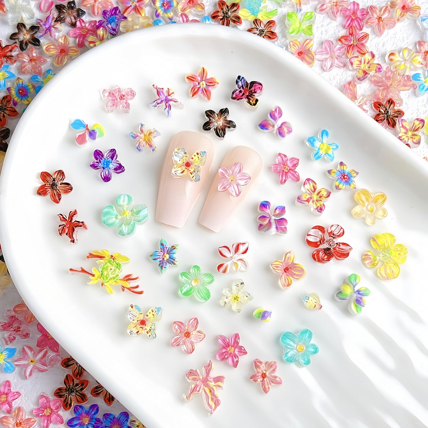 120Pcs Flower Nail Charms 3D Colorful Flowers Nail Rhinestones Cute Hibiscus Nail Gems Summer Floral Nail Jewelry Hawaiian Flower Nail Art Charms Vacation Flowers Nail Design for Women Manicure Supply