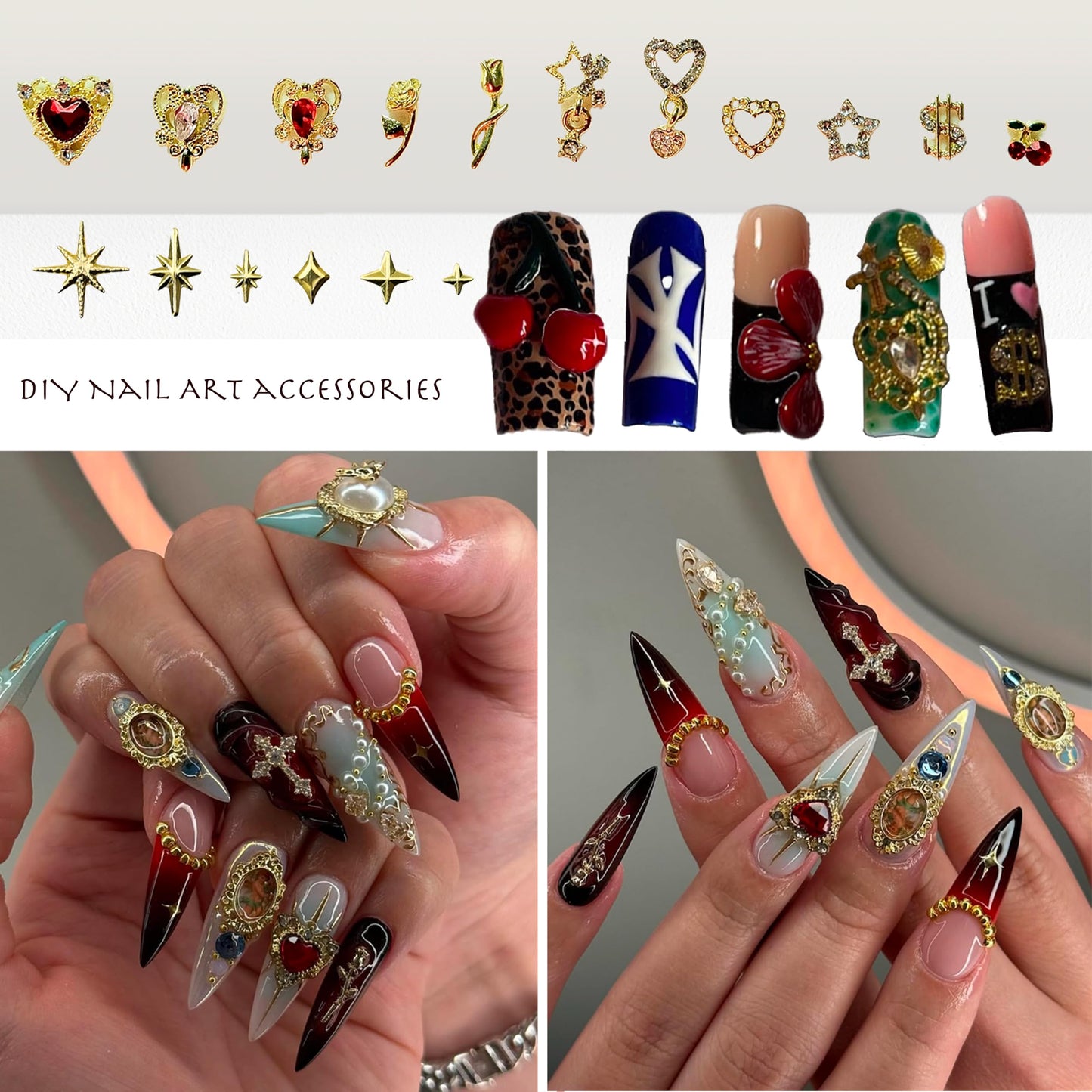 ZAKCBEAUR 350 Pcs Gold Nail Charms with Stars, Hearts, Dollars, Cherries, Roses for Women Nail Art Decoration DIY Craft