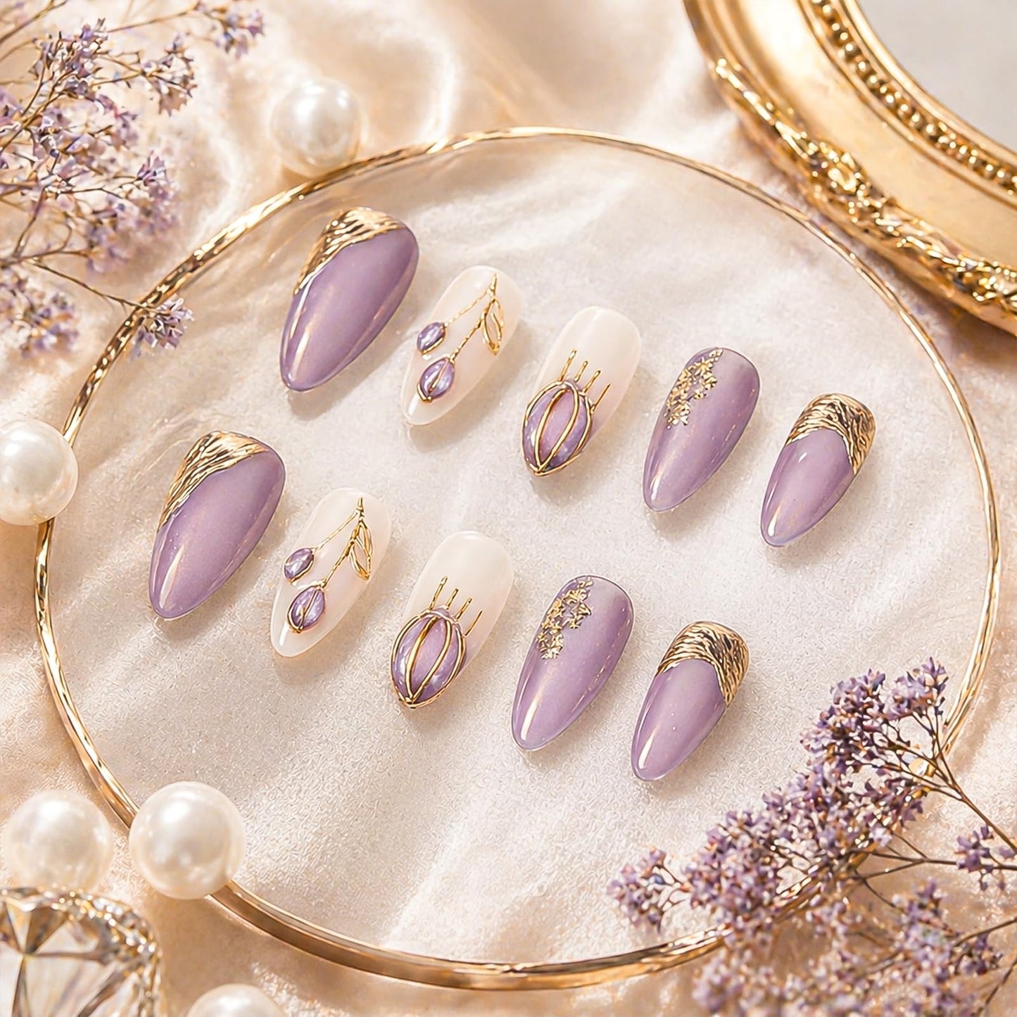 LTXHZYYL Handmade Pres on Nais Amond Purple Nails Press ons 3D Design Reusable ABS Full Cover False Nails Kit-Luxury Medium French Tip Glossy Acryic Fake Nails for Women
