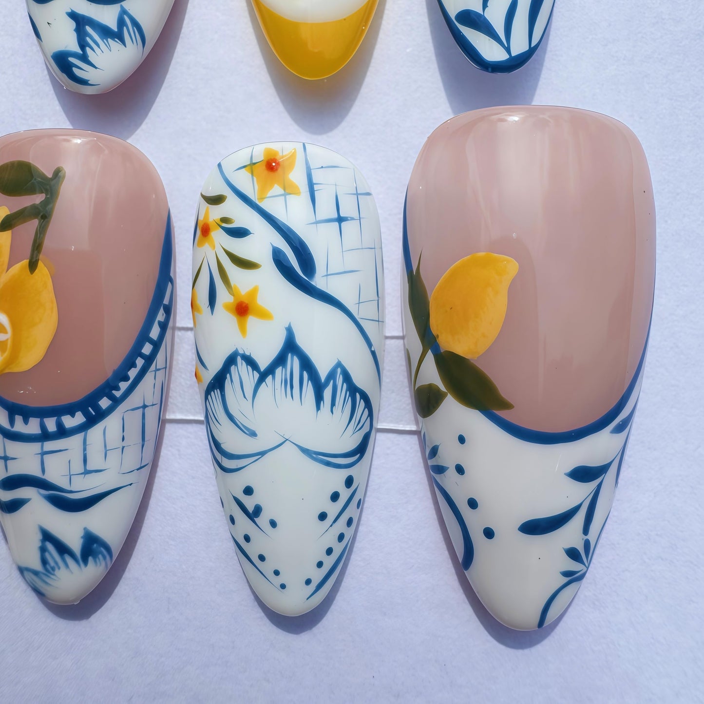 Handcrafted Press On Nails Italian Vacation Style Lemon & Blue Ceramic Pattern 100% Handmade Realistic Artistic Fake Nails With Adhesive Glue Tabs And Tool Gifts For Women (Hand-Painted Lemon,Long L)