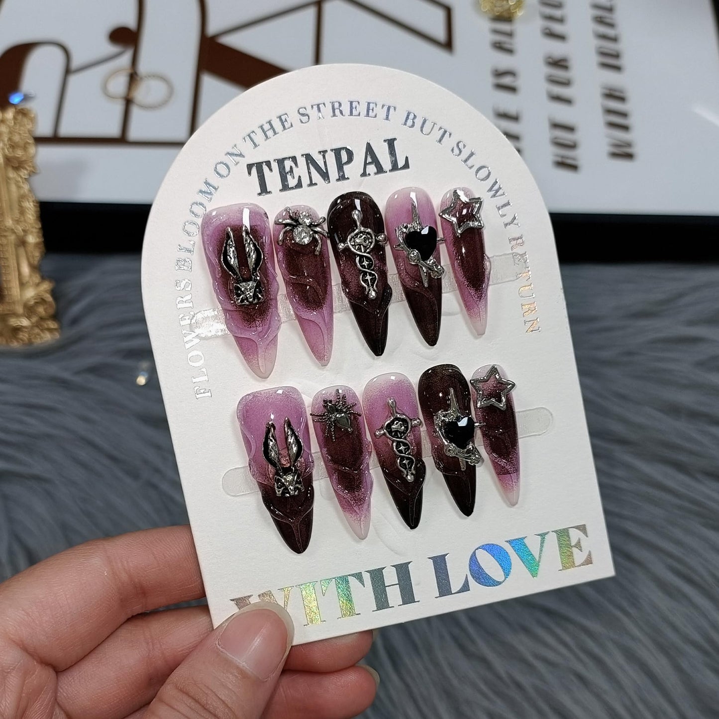TENPAL 10Pcs Handmade Press On Nails Long Stiletto,Gothic Pink & Black Swirl Fake Nails with 3D Cross Spider Star Charms,Glossy Y2K Punk Glam Halloween Nails,Edgy Kawaii Nails for Parties Cosplay(M)