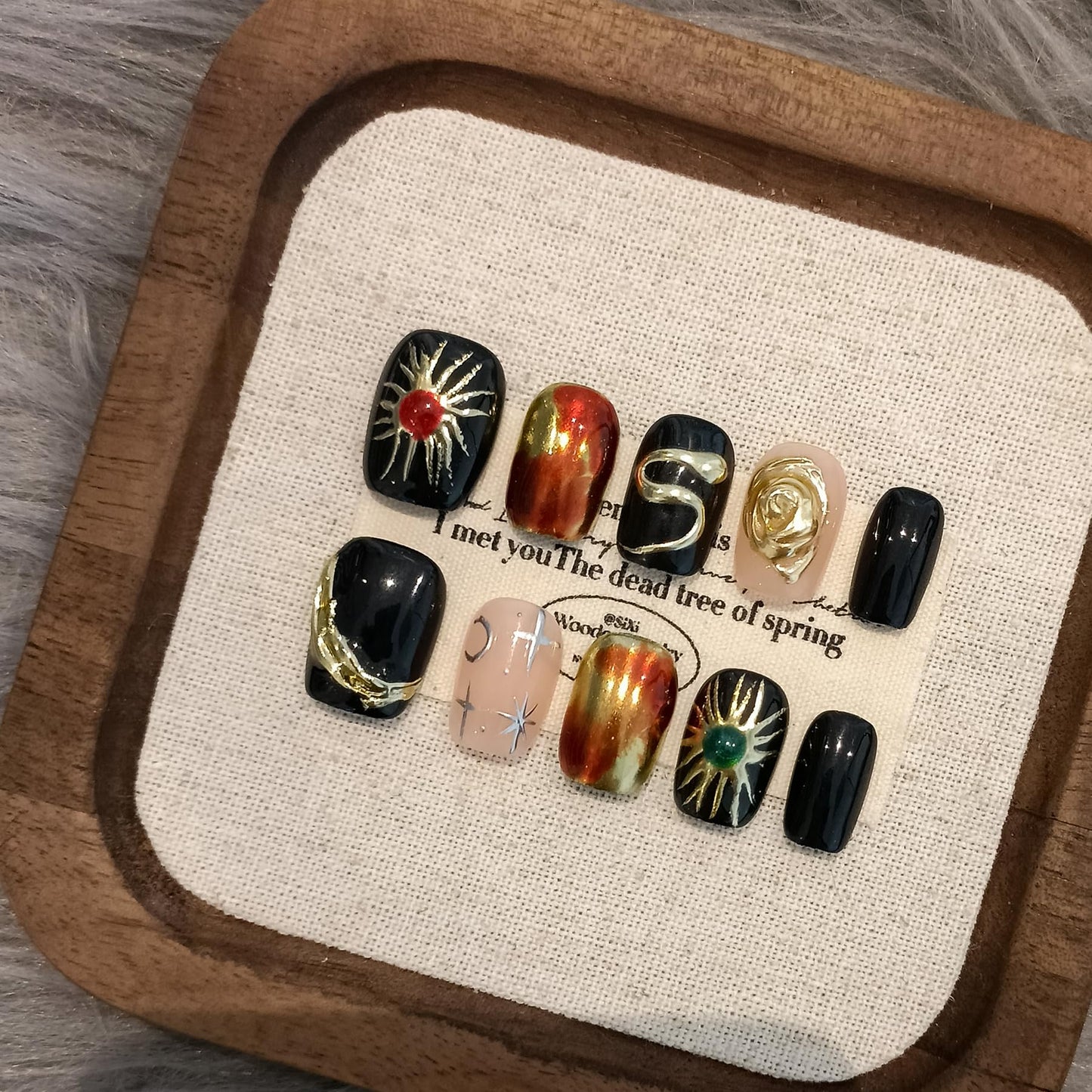 TENPAL Handmade Press on Nails Short Square,Glossy Black Nails with Hand-Painted Space Art (Sun/Moon/Crater) & 3D Serpent, Acrylic Soft Gel Winter Gothic Fake Nails For Women Girls,10pcs(XS)