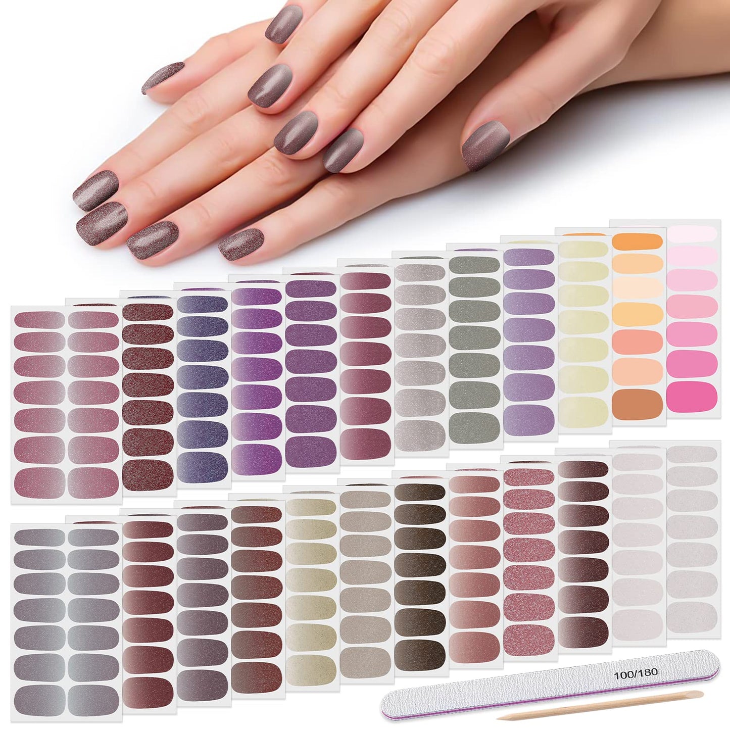 DANNEASY 24 Sheets Glitter Gradient Nail Polish Strips Full Nail Wraps Adhesive Nail Polish Stickers for Women Girl Nail Gel Strips with 1pc Nail File, Cuticle Stick