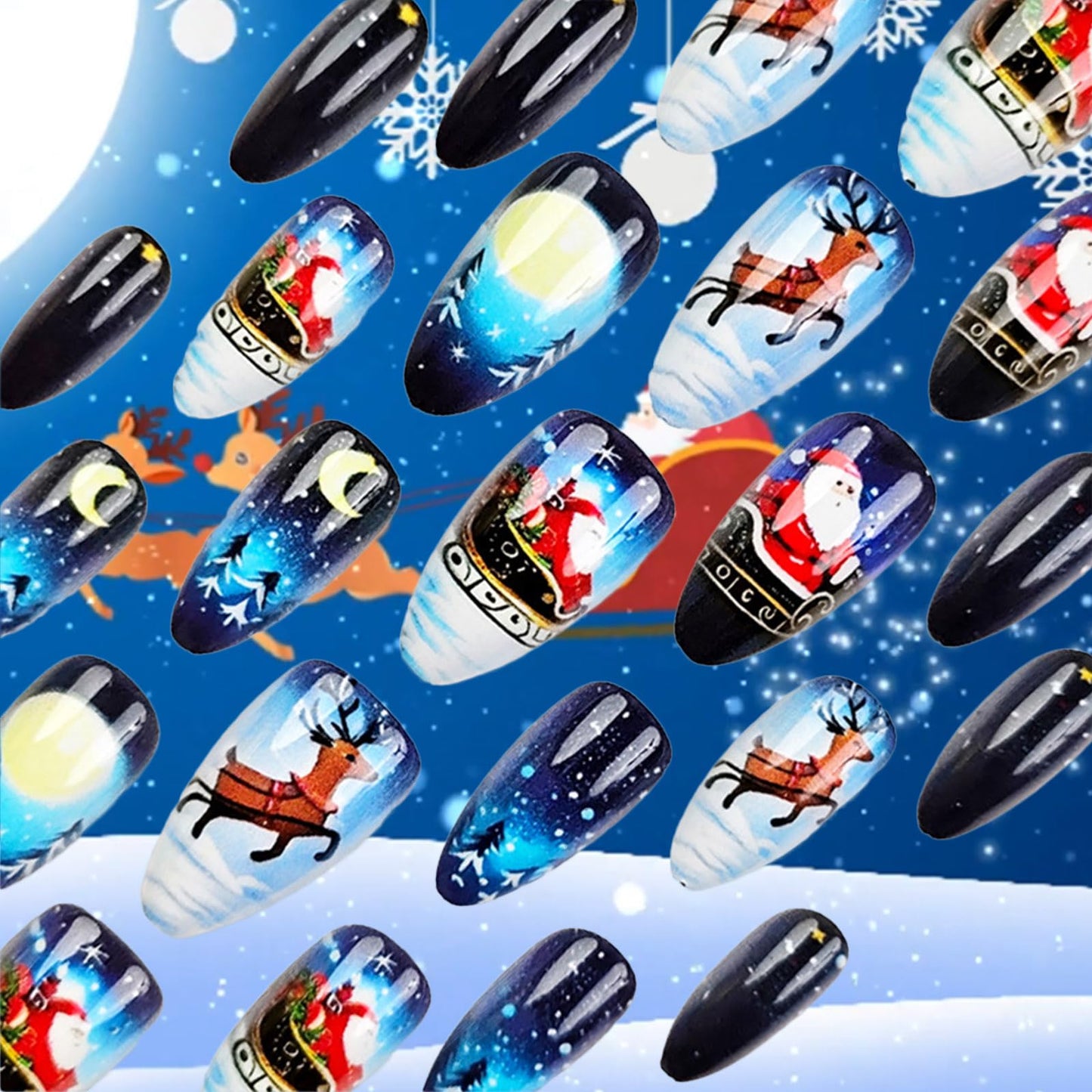 Christmas Press on Nails 24Pcs Reindeer Gel Glue on Nail Santa Claus Medium Almond False Nails Glossy Blue Gradient Acrylic Fake Nail Moon Stick on Fingernails for Women Xmas Gift