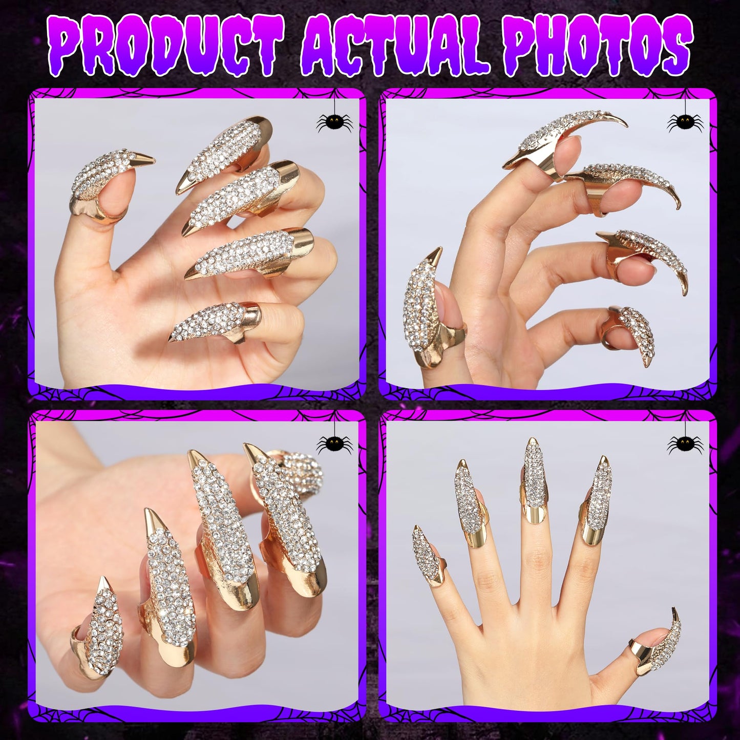 10 Pcs Gothic Punk Halloween Costume Accessories Adjustable Claws Ring Set, 3 Sizes Fake Nails Crystal Full Finger Rings for women Men Nail Art Vampire Cat Wolf Cosplay Party (Golden)