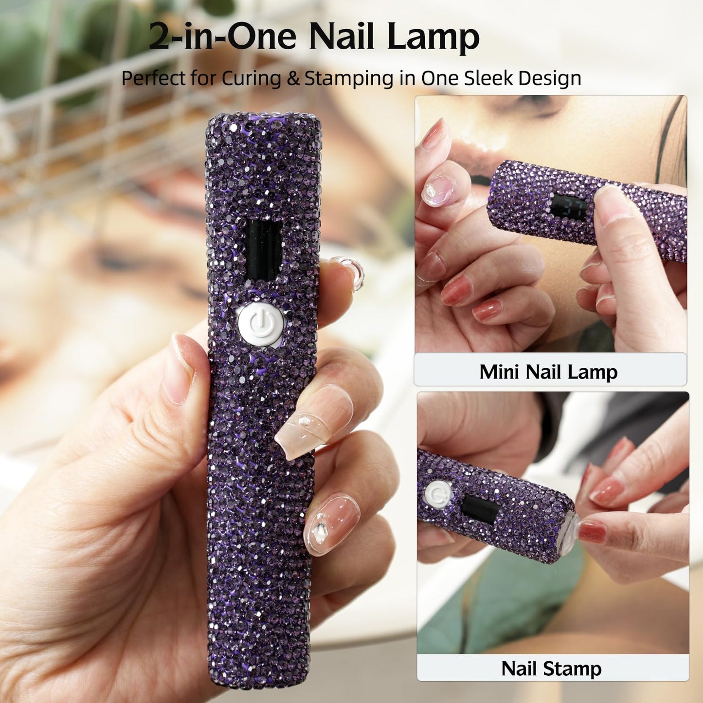 keeyada Handheld UV Nail Lamp with Sparkly Rhinestones, 3W Portable LED Nail Lamp, Wireless Rechargeable USB Nail Dryer with Silicone Stamper, LCD Display, Ideal for Home DIY Manicures (Purple)
