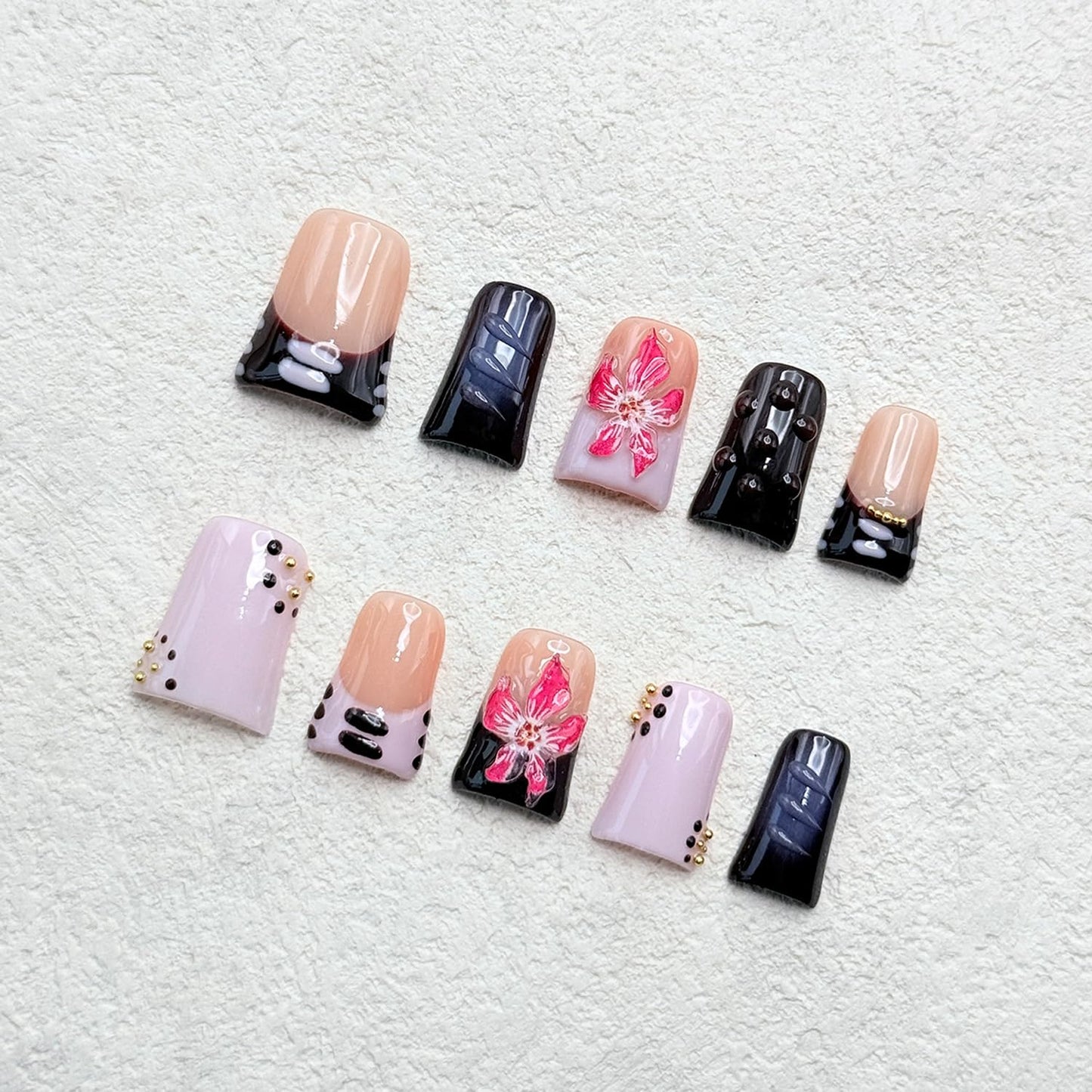 10 Pcs Handmade Duck Press on Nails 3D Art Flower Fake Nails with Golden Pearl Design Reusable Artificial Acrylic False Nail for Women Girls DIY（Size M)