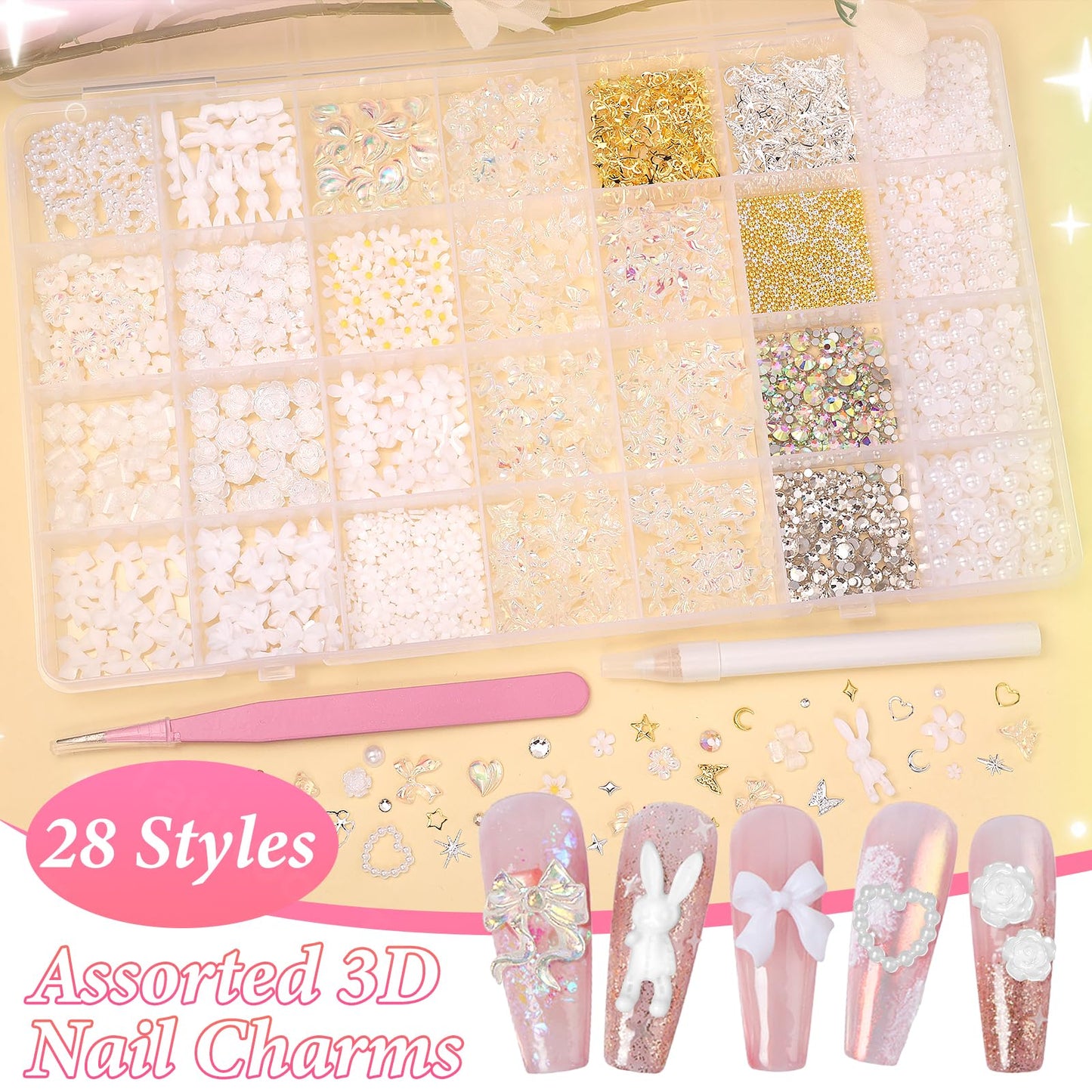 3D Nail Charms Junk Case Charms White Nail Flower Mix Style Butterfly Rose Bow Hollow Pearl Heart Nails Art Charm with Rhinestones Flatback Pearl for Acrylic Nails Art Manicure DIY