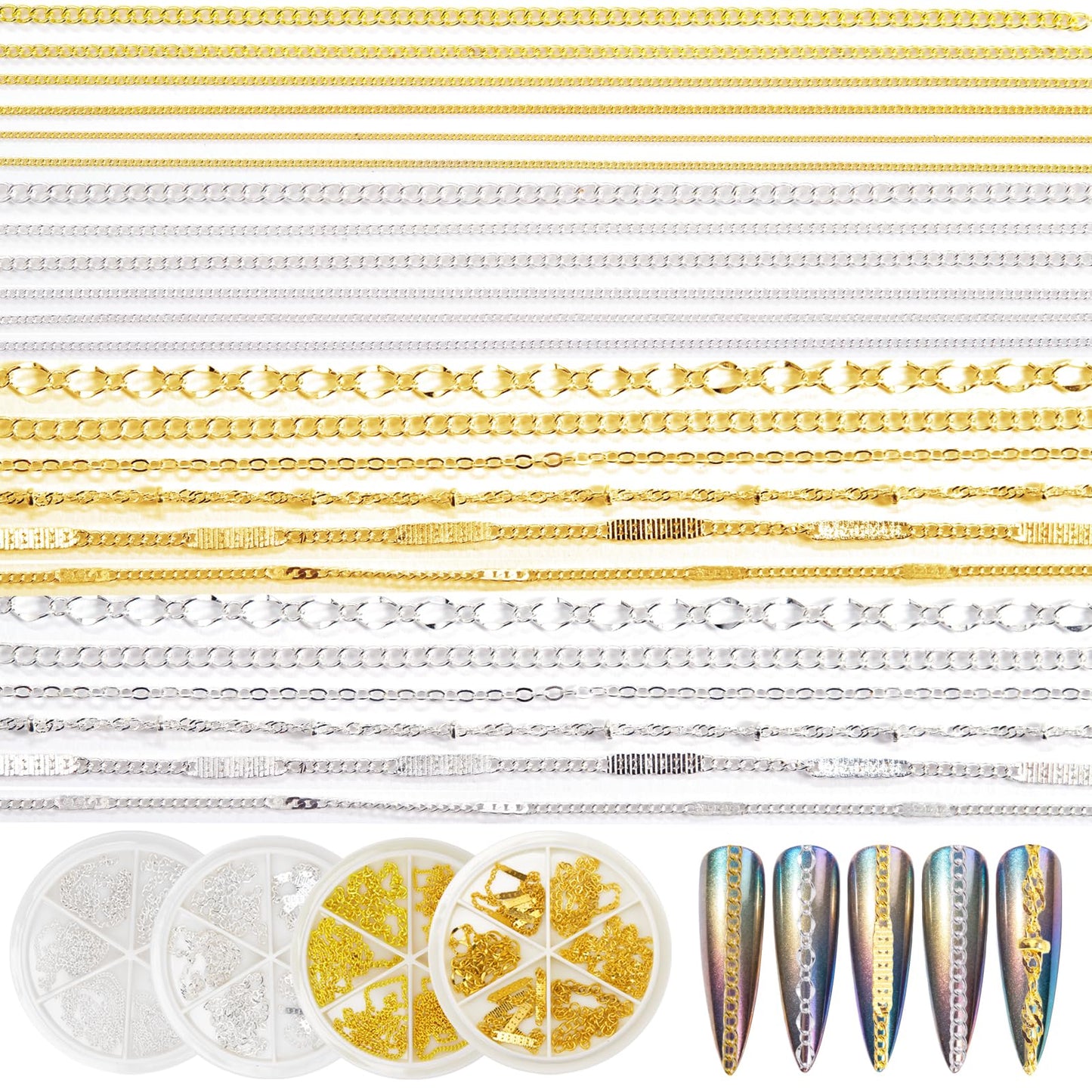 DANNEASY 24 Strips Nail Chain Charms, 3d Metal Nail Charms, Gold Silver Nail Art Chains Studs Nail Jewelry Chains for Manicure Decoration DIY Nails Accessories