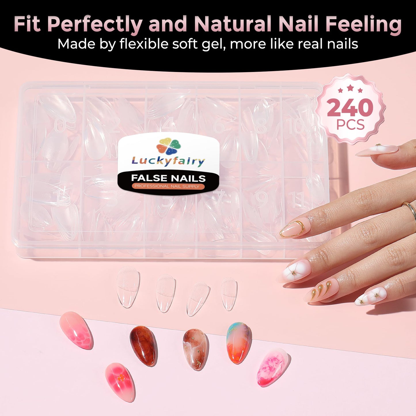 Luckyfairy Medium Almond Nail Tips, 240pcs Soft Gel Pre-Filed Acrylic Almond Fake Nails, Half Matte Full Cover Clear Press on Flase Nail Tips for Nail Extension Home DIY 12 Sizes Gelly Tips