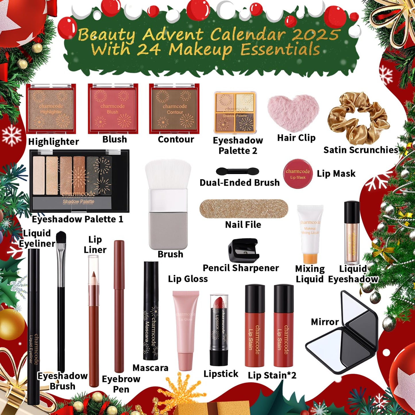 CHARMCODE Makeup Advent Calendar 2025, 24 Days Christmas Countdown Calendar Gift Set for Adult Women Teen Girls, Xmas Holiday Beauty & Cosmetic Surprise Make up Kit for Women Full Kit