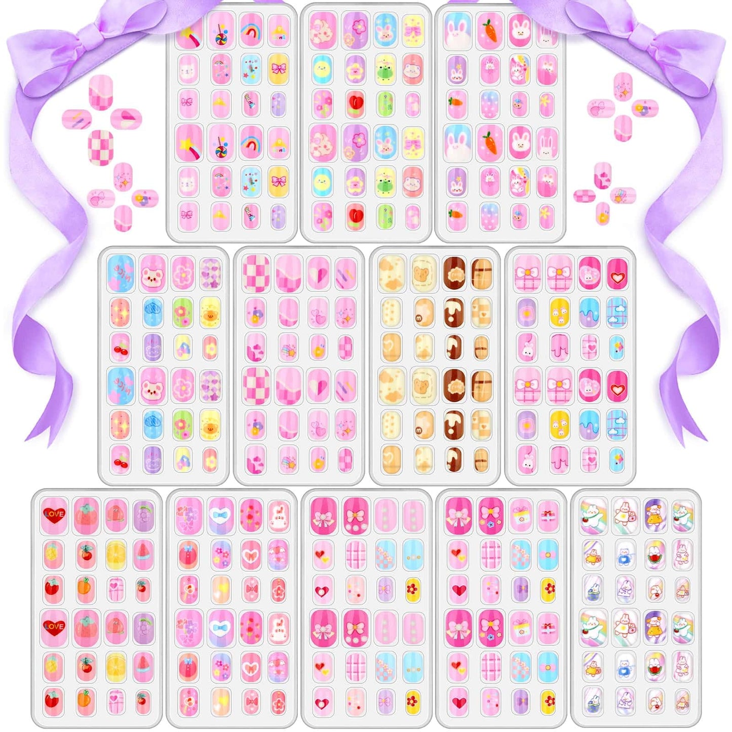 288 Pieces Kids Stick On Nails Girls, Acejoz Fake Nails Set Self Adhesive Press on Nails Tips for Little Girls Children 8-12 Year Kids Nail Decoration