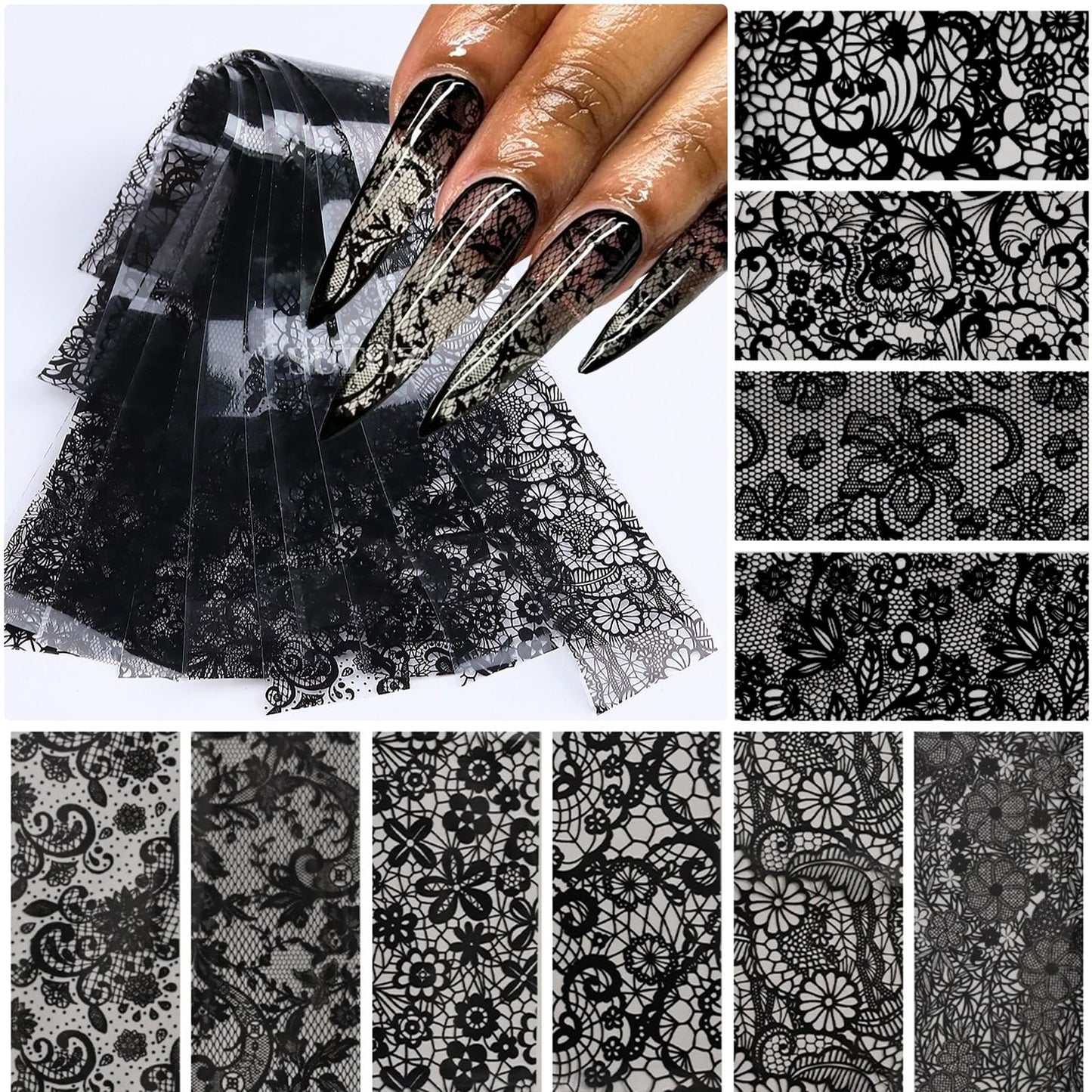 AddFavor Lace Transfer Nail Foil White and Black Nail Transfer Foil Sticker, Flower Nail Art Foils Decals for Nails Manicure DIY Acrylic Nails Decoration