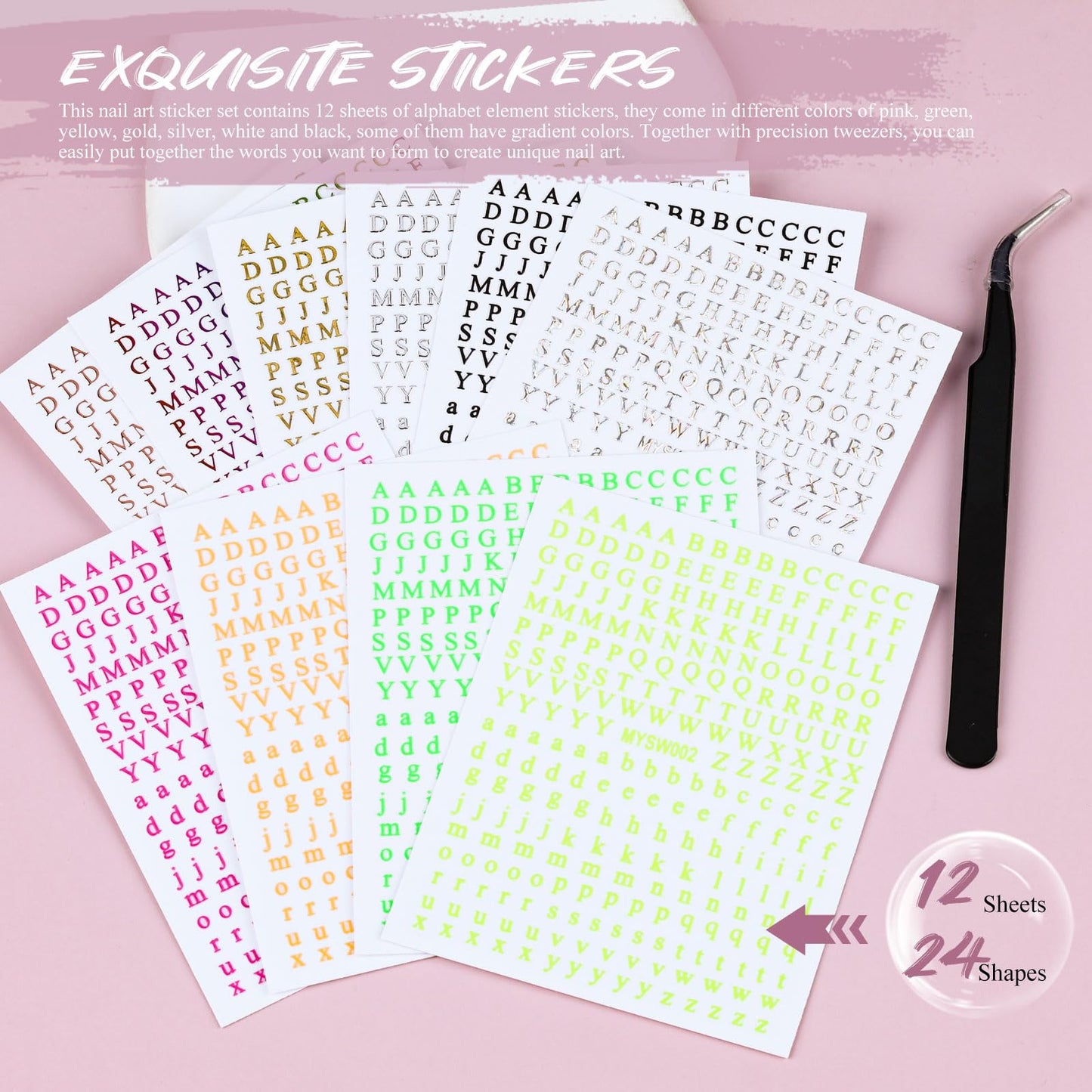 12 Sheets Alphabet Nail Art Stickers 3D Black White Gold Self-Adhesive Letter Nail Decals Large Small English Manicure Accessories for Women Girls DIY Design