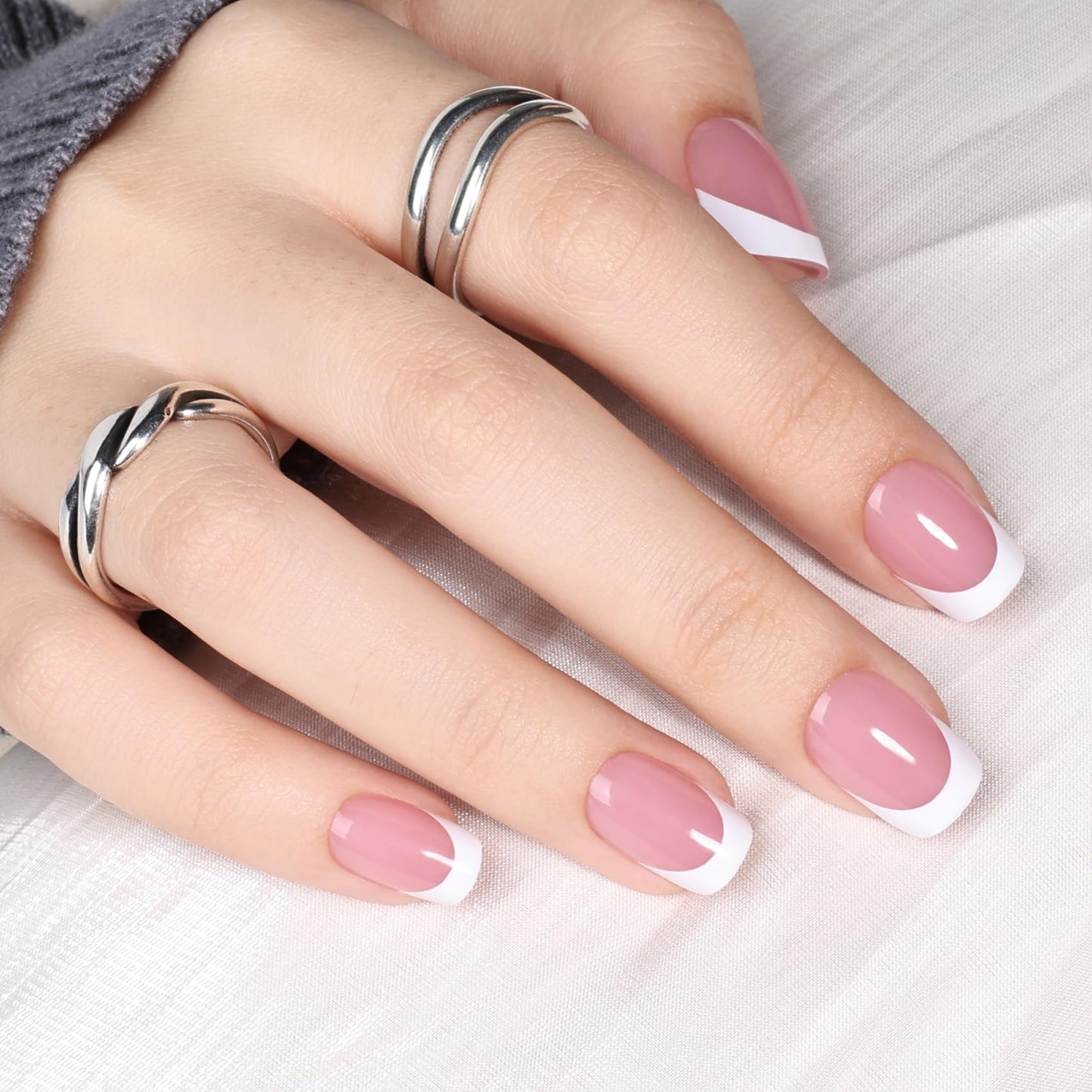 White French Tip Press On Nails Square - Short Square Pink Fake Nails with Nail Glue, White French Tip Press On Nails Reusable Stick On Nails in 15 Sizes 30 Nail Kit for Women & Girls | Salon Quality