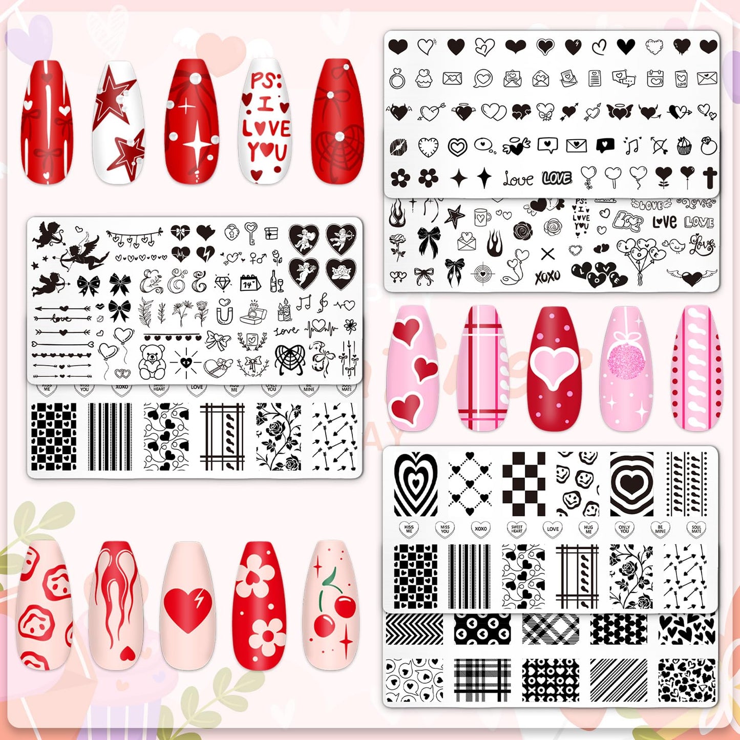 Whaline 6Pcs Valentine's Day Nail Plates Stamping Set Love Heart Stamp Templates Nail Art Plates for DIY Print Manicure Salon Design