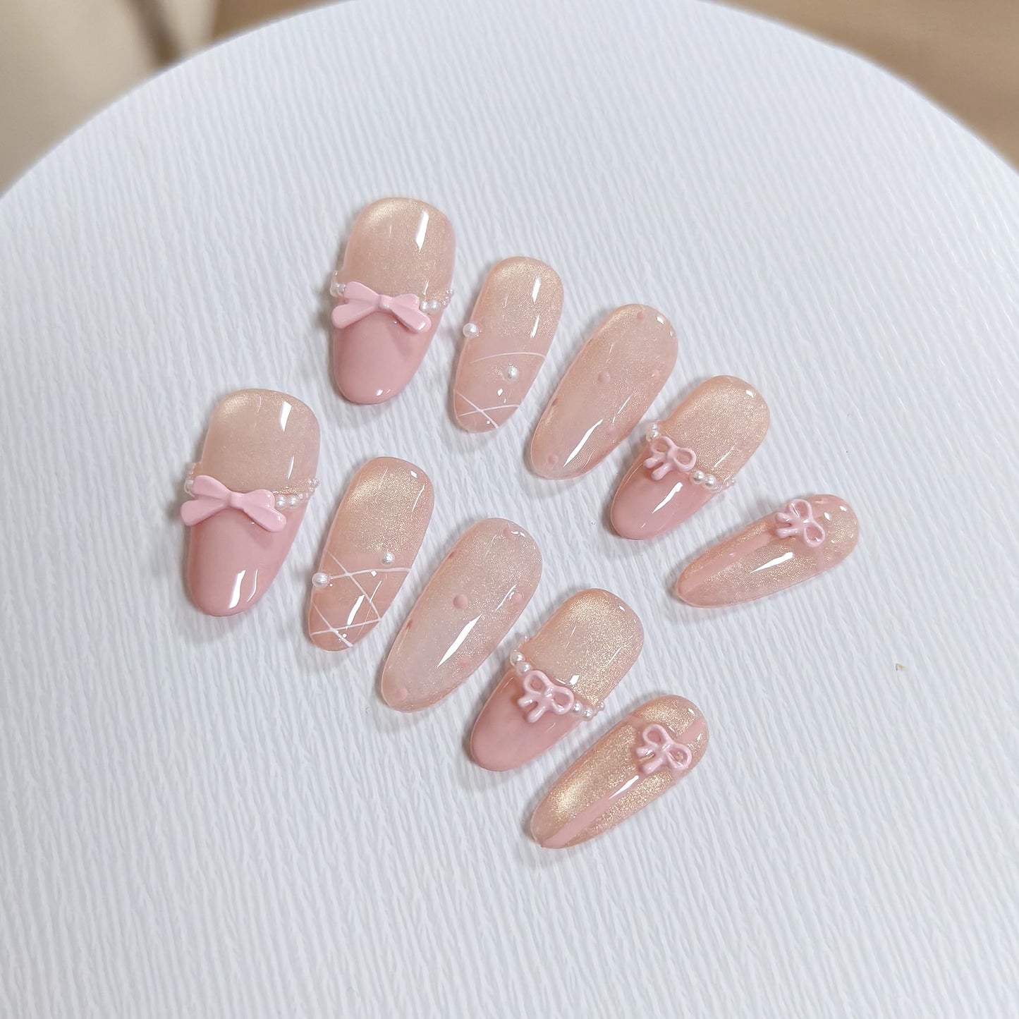 TENPAL Cute Sweet Handmade Press on Nails Almond,Ballet Butterfly Cat Eye Nude Pink Ombre French Tips Fake Nails with Tools, Reusable Spring Polka Dot Bow Pearl False Nails for Women 10pcs(M)